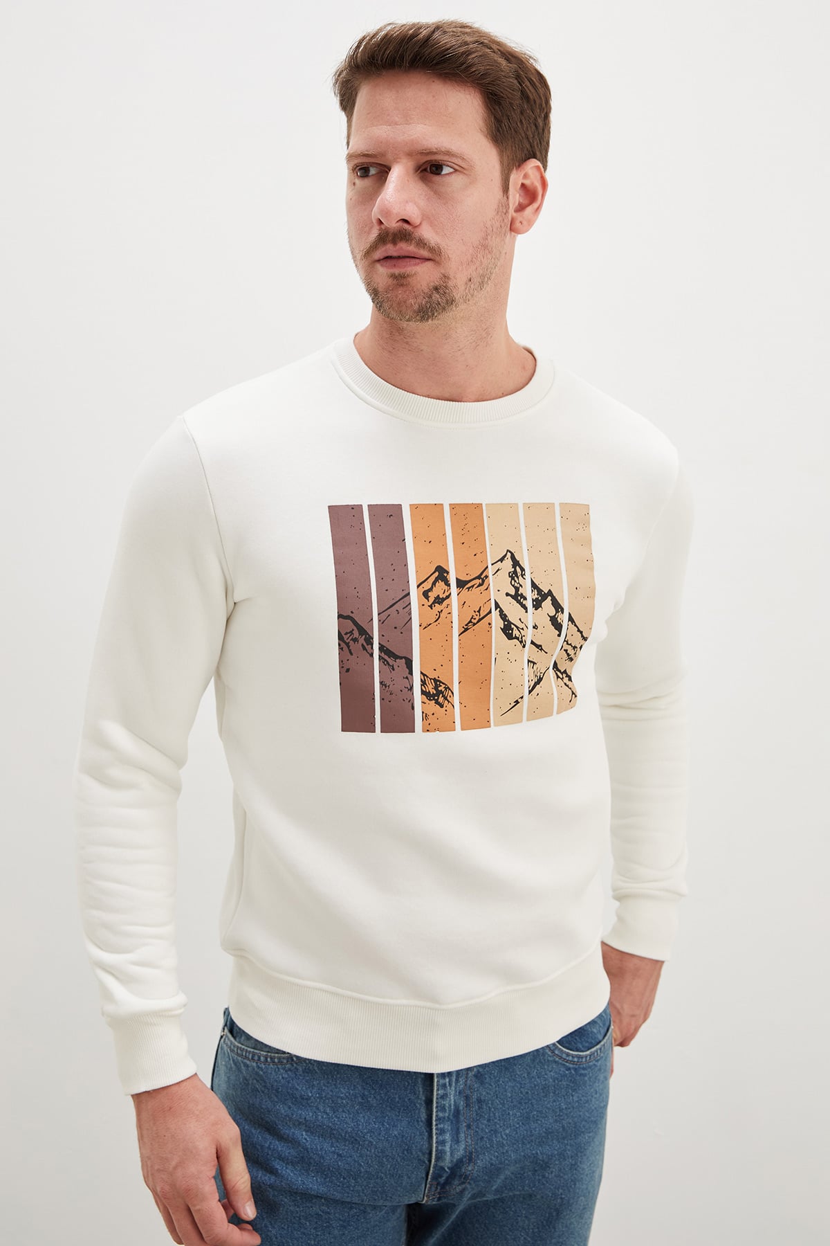 3 İplik Dağ Baskılı Bisiklet Yaka Sweatshirt 7