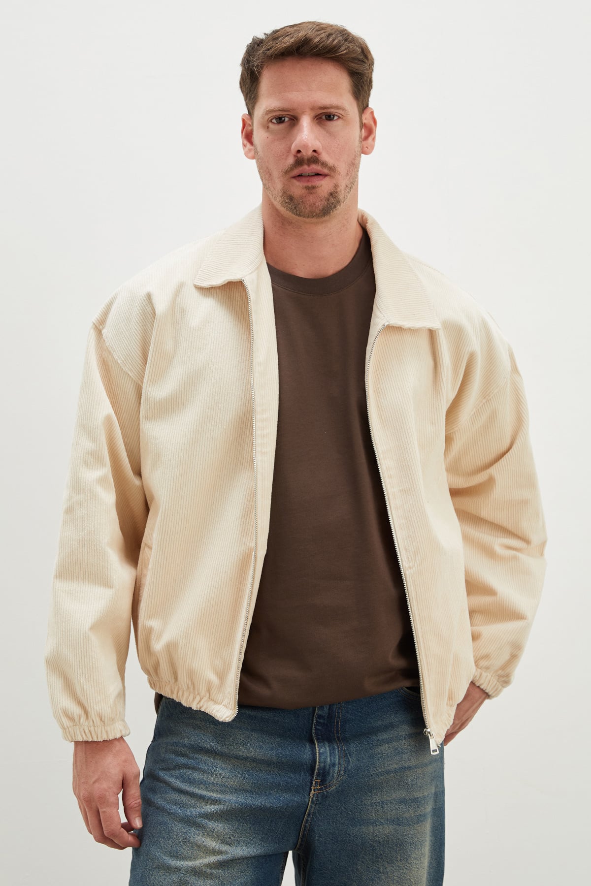 Fermuarlı Polo Yaka Kadife Bomber Ceket