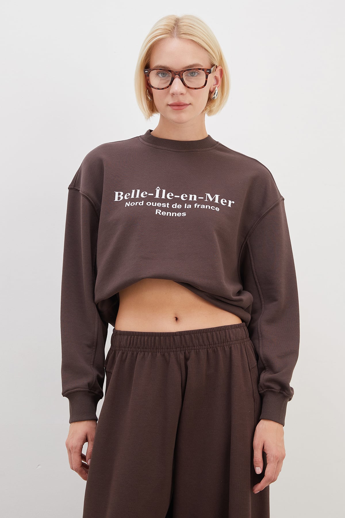 3 İplik Şardonsuz Yazı Baskılı Kolu Çimalı Oversize Sweatshirt