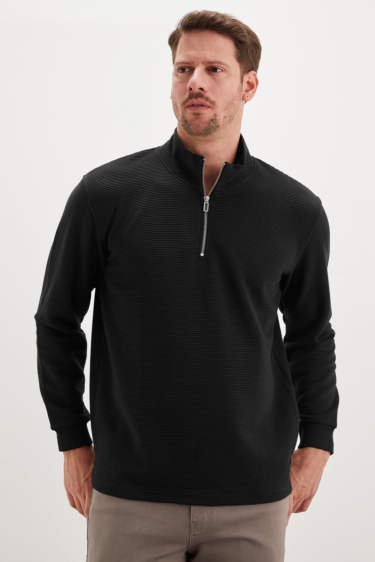 Erkek Antrasit Fitilli Yarım Fermuarlı Dik Yaka Sweatshirt 4