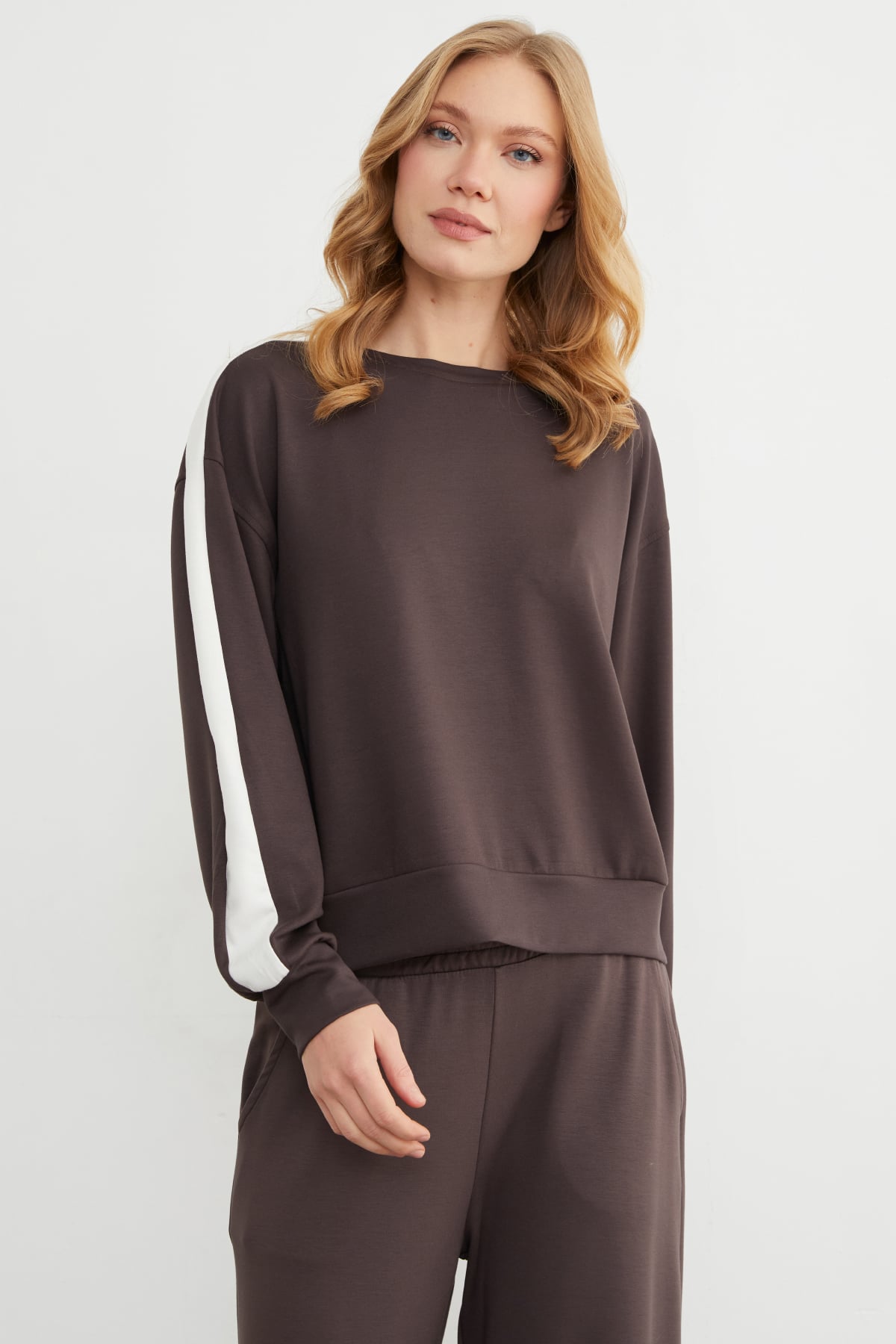 Kolu Şeritli Bisiklet Yaka Modal Sweatshirt 5