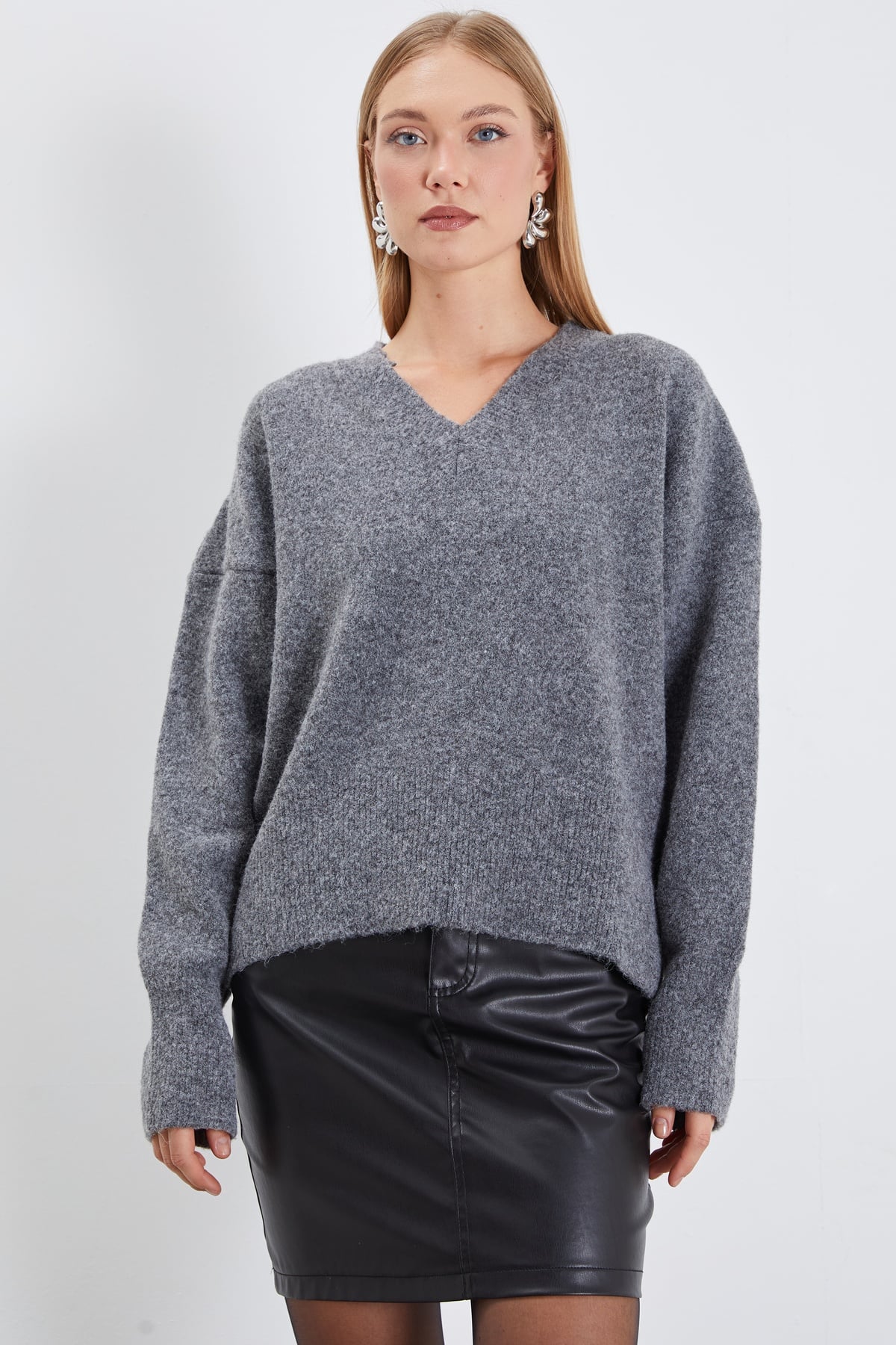 Basic V Yaka Oversize Triko Kazak 2