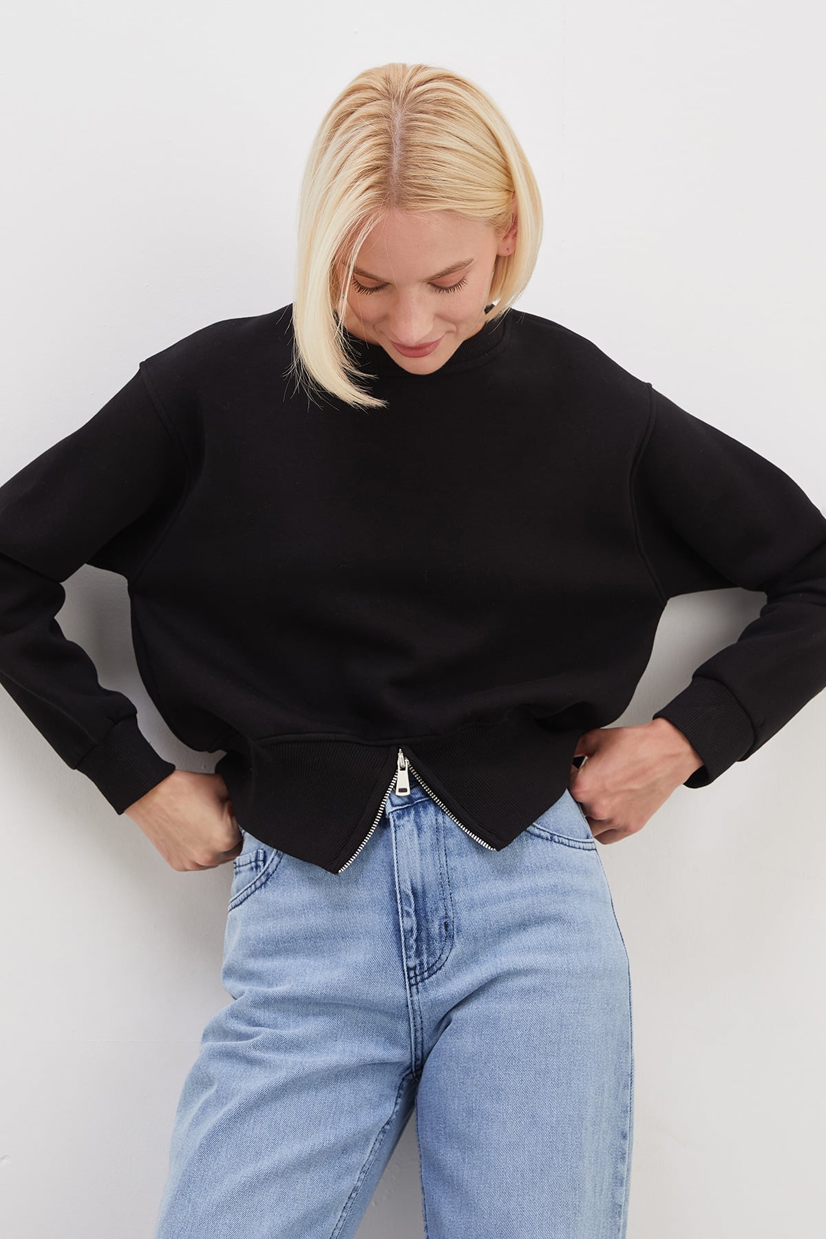 3 İplik Eteği Fermuarlı Bisiklet Yaka Crop Sweatshirt 4