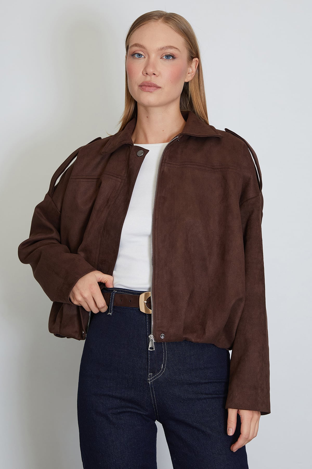 Fermuarlı Polo Yaka Süet Bomber Ceket 2