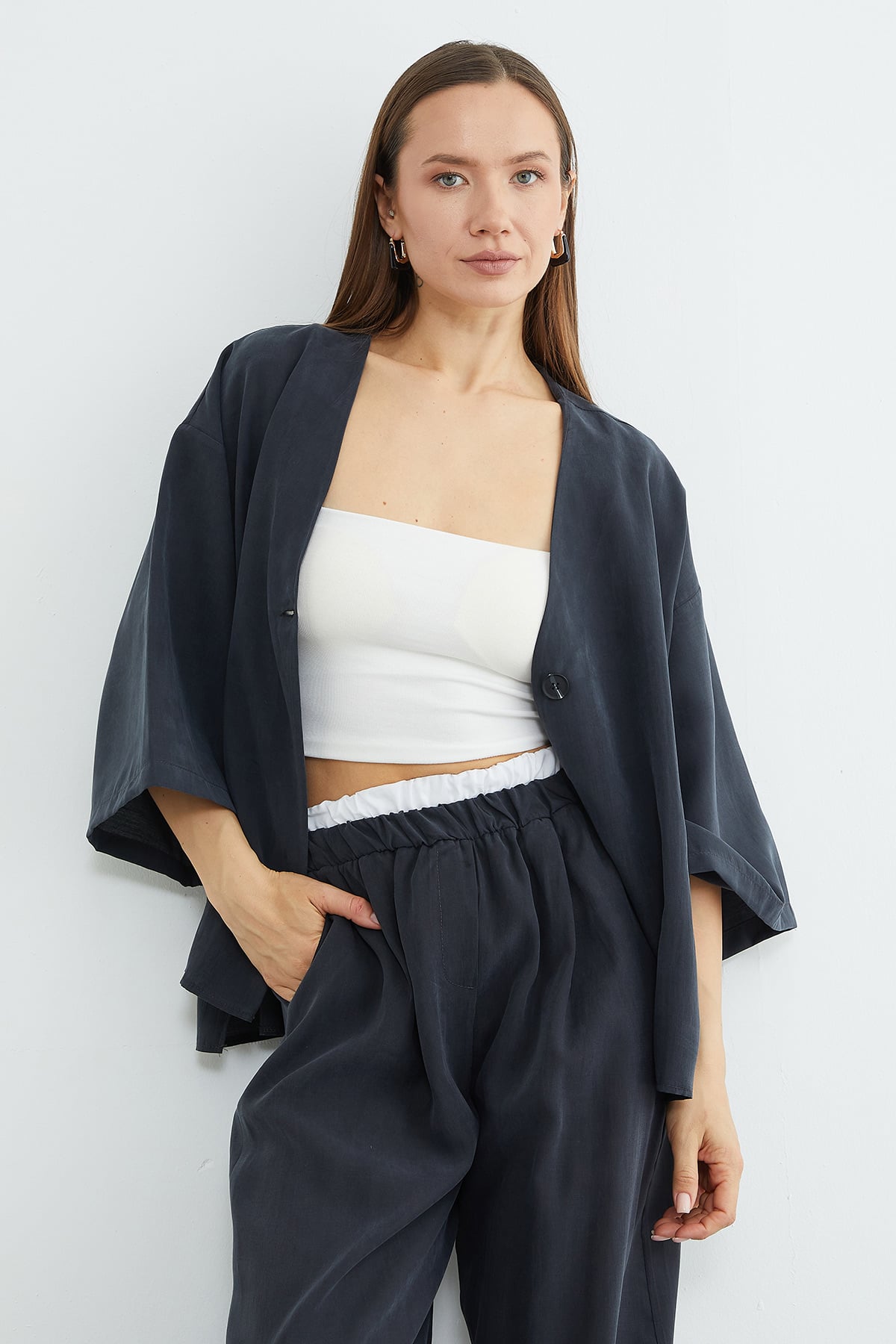 Tek Düğmeli Tencel Kumaş Oversize Ceket
