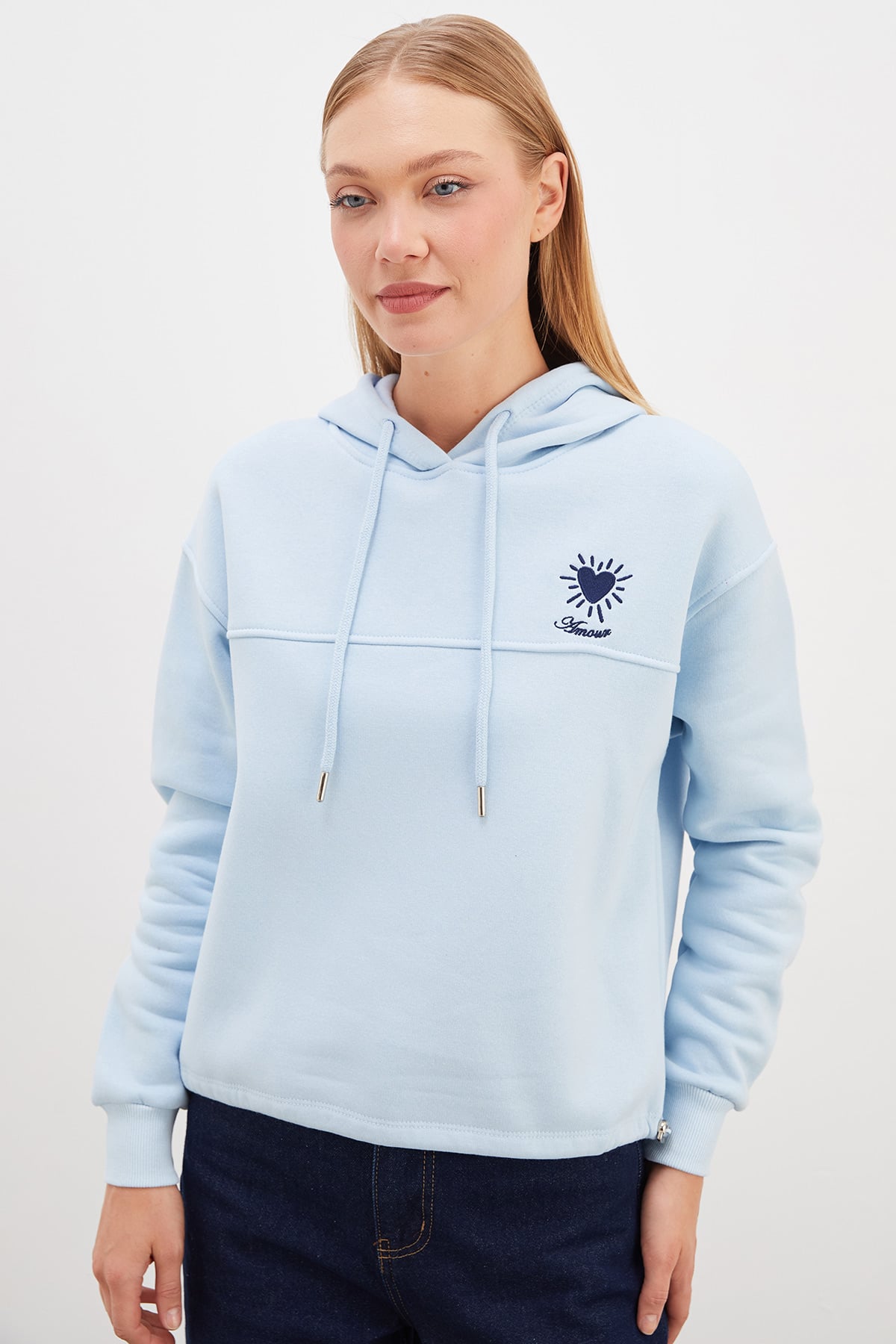 Erkek Siyah 3 İplik Kalp Nakışlı Kapüşonlu Stoperli Sweatshirt 2
