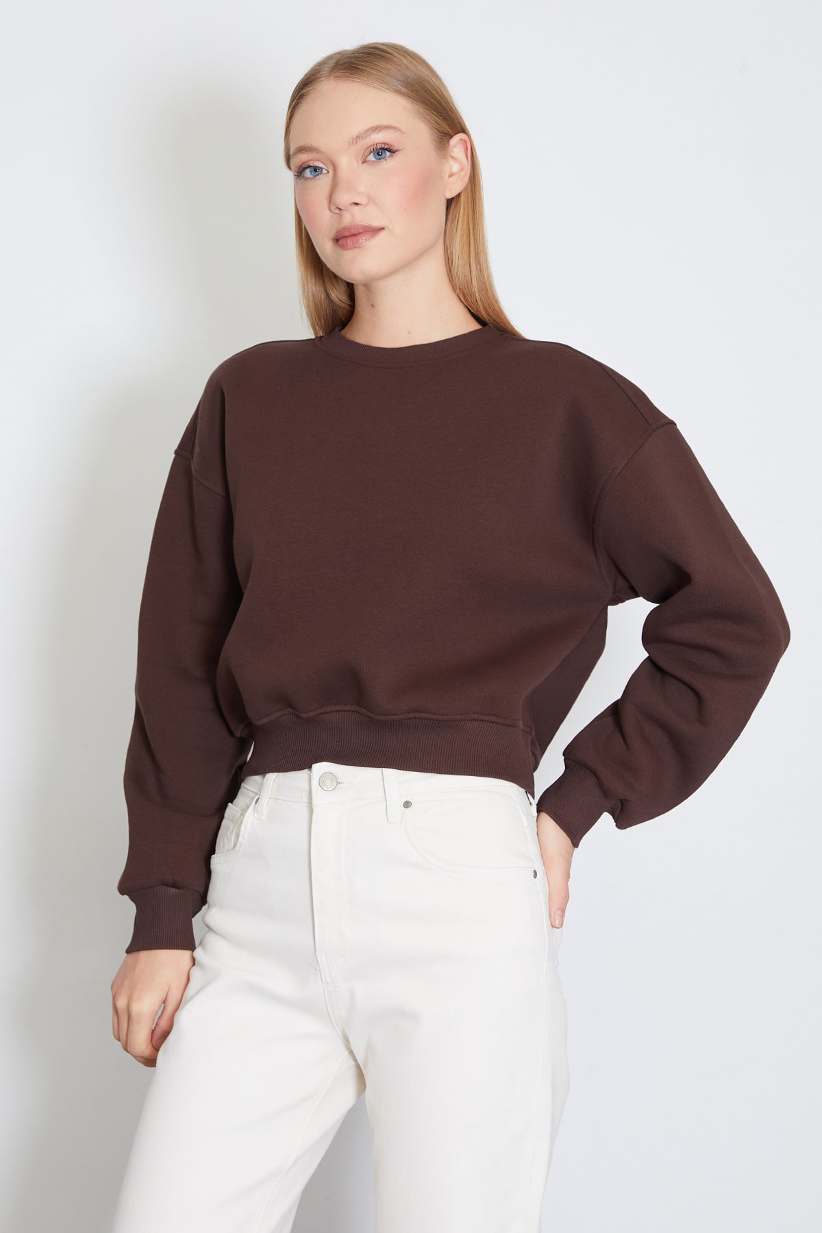 3 İplik Basic Ribanalı Crop Sweatshirt 2