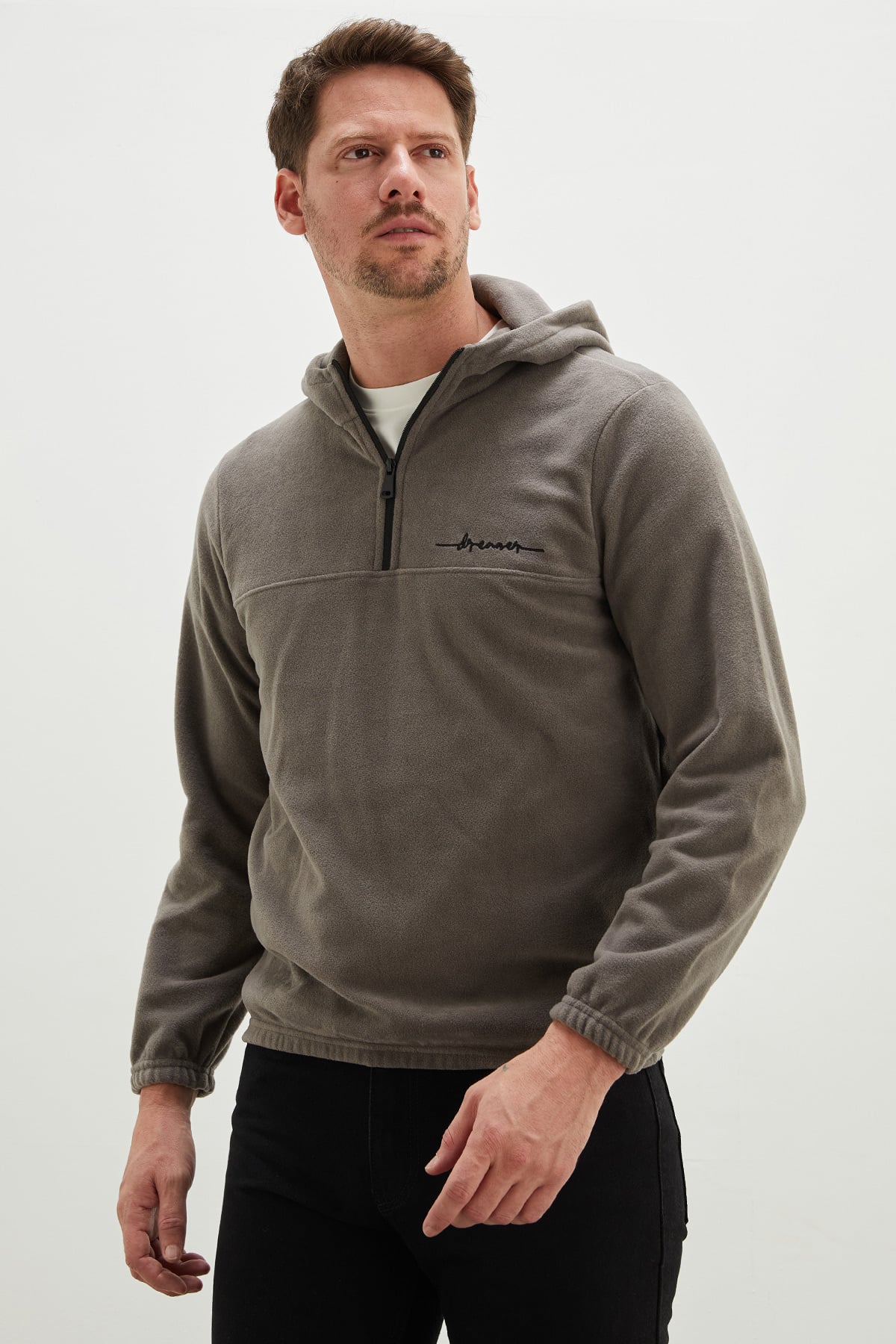 Yarım Fermuarlı Kapüşonlu Polar Sweatshirt 2