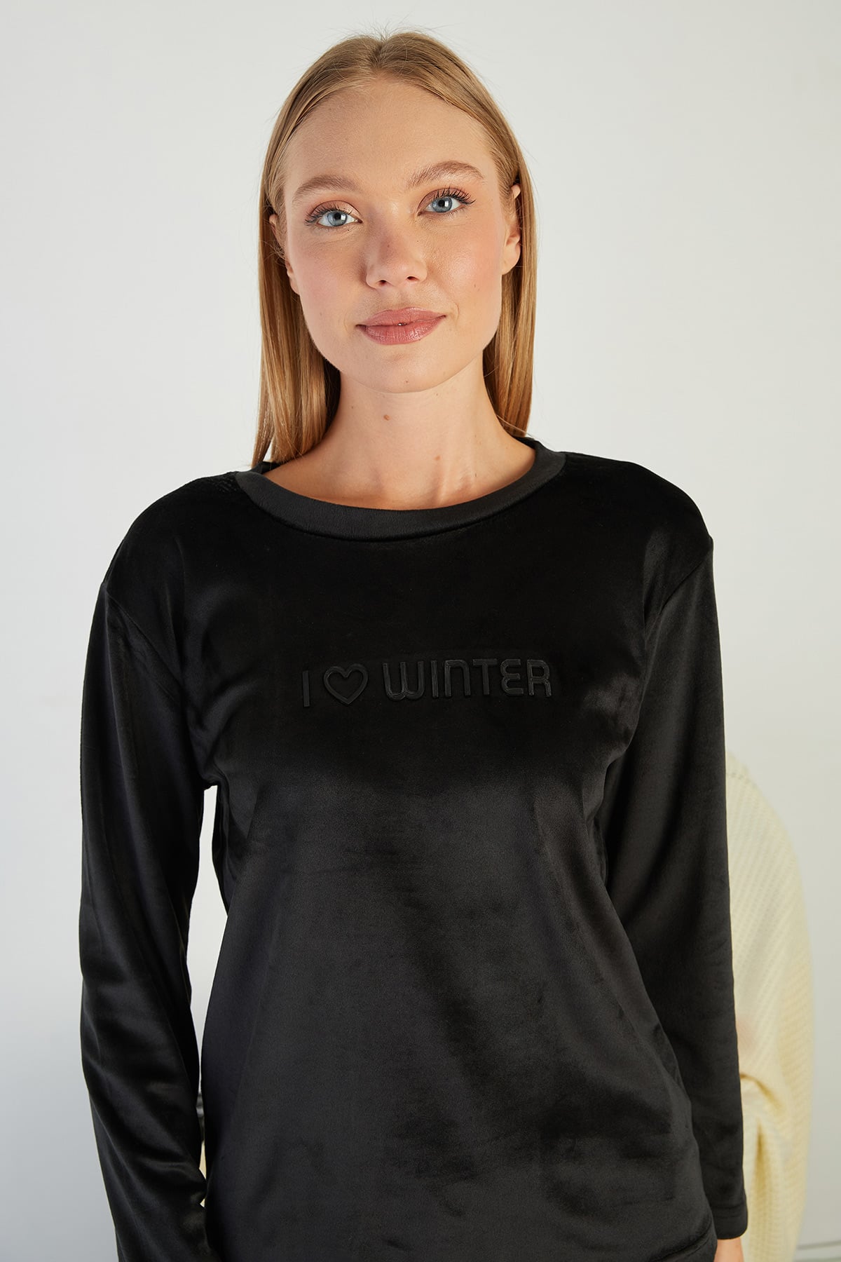 I Love Winter Kabartma Baskılı Kadife Pijama Takımı 6