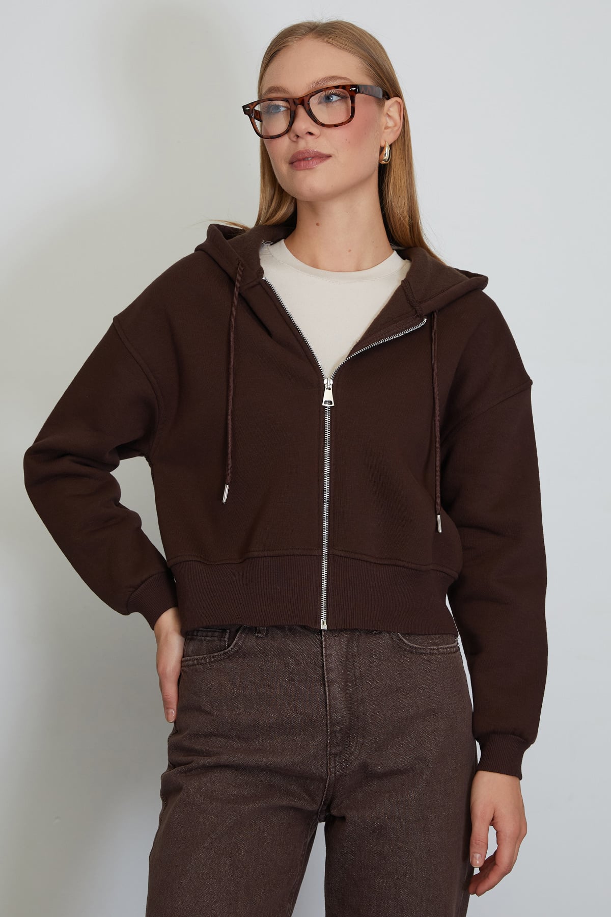 3 İplik Basic Fermuarlı Kapüşonlu Sweatshirt