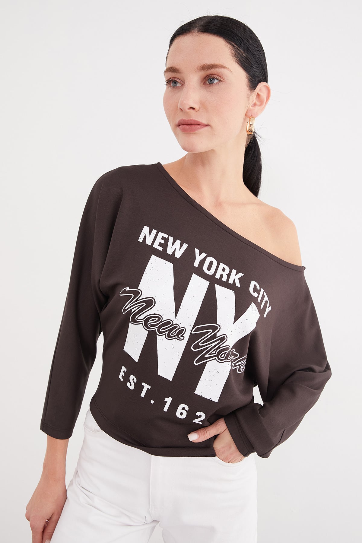 Kadın Beyaz New York City Baskılı Kayık Yaka Yarasa Kol Bluz 5