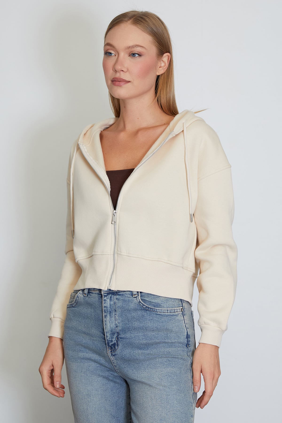 3 İplik Basic Fermuarlı Kapüşonlu Sweatshirt 2