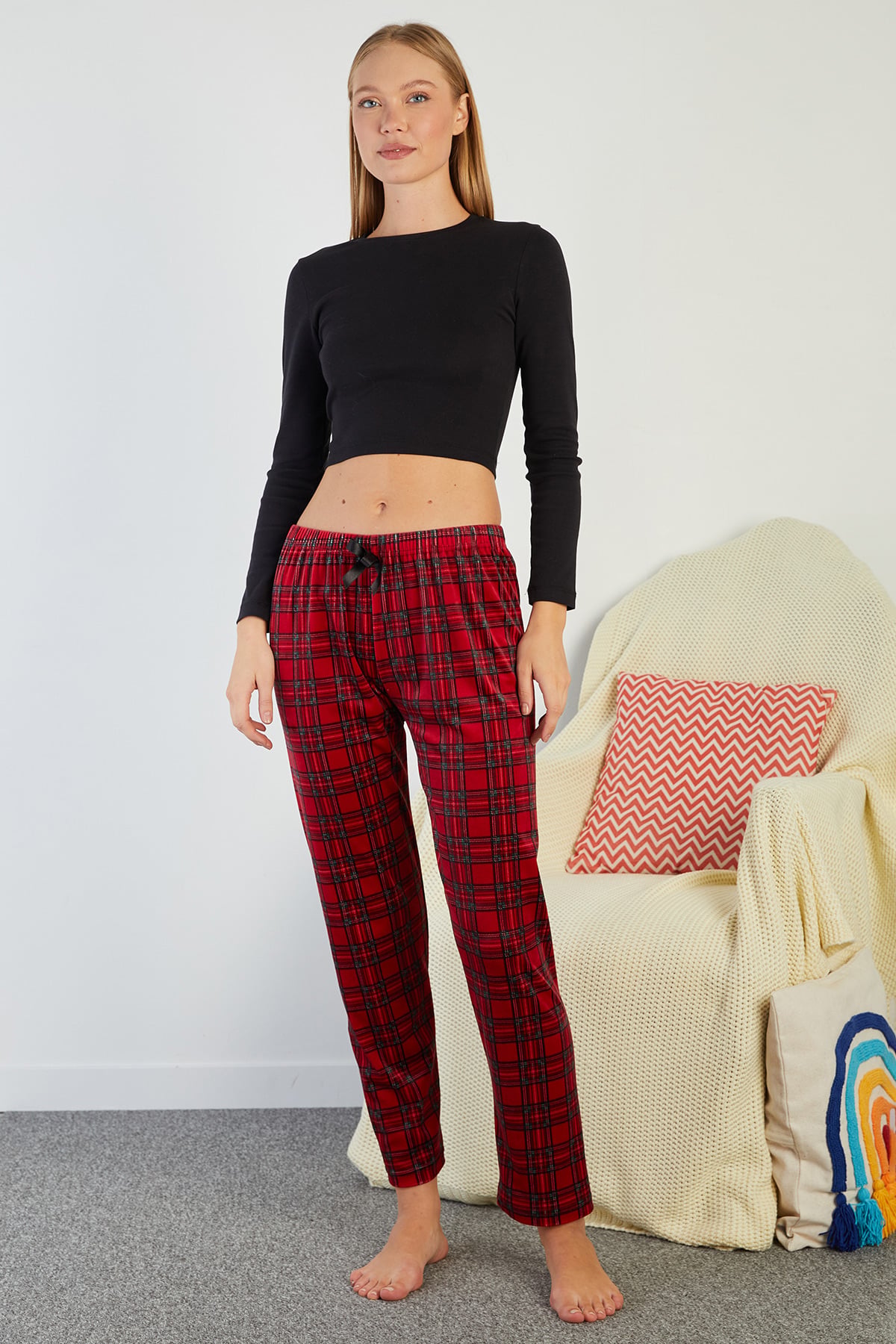 Ekose Desenli Beli Lastikli Kadife Pijama Altı