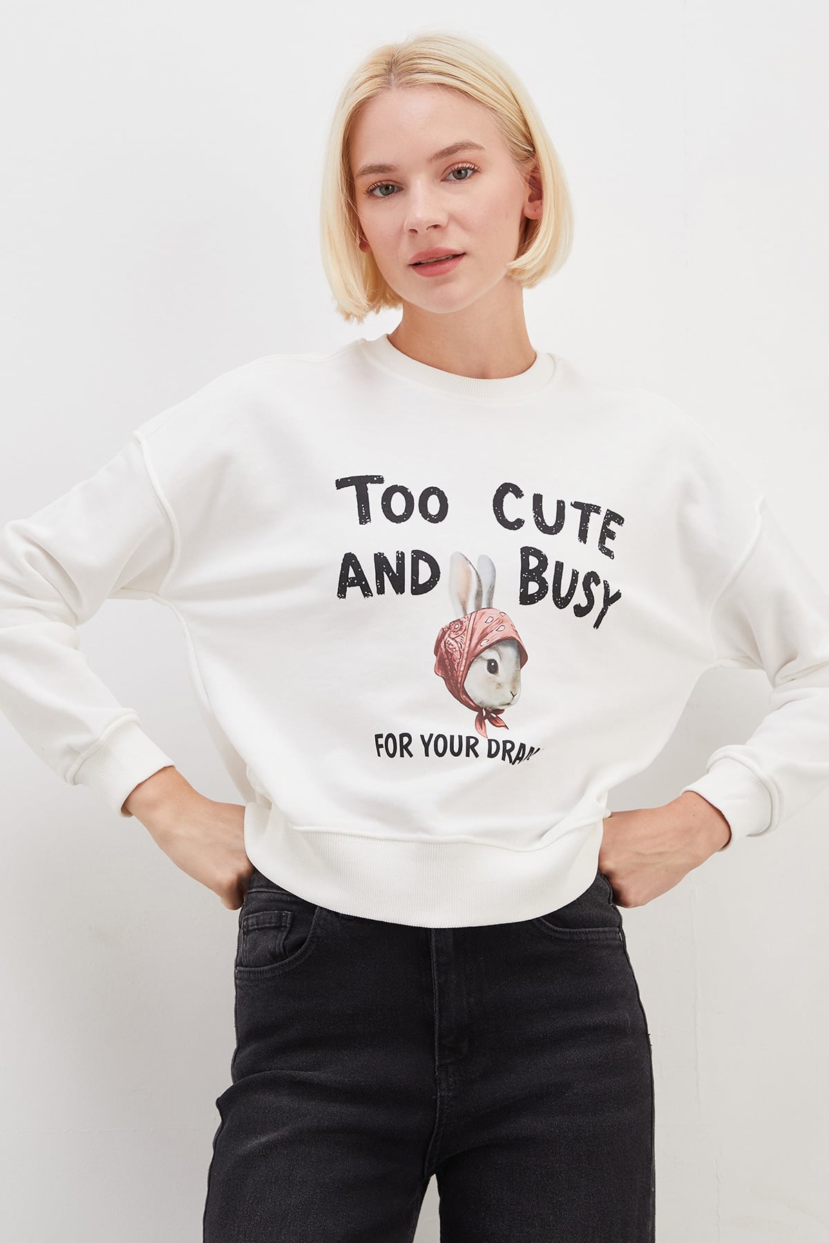 3 İplik Şardonsuz Tavşan Baskılı Oversize Sweatshirt