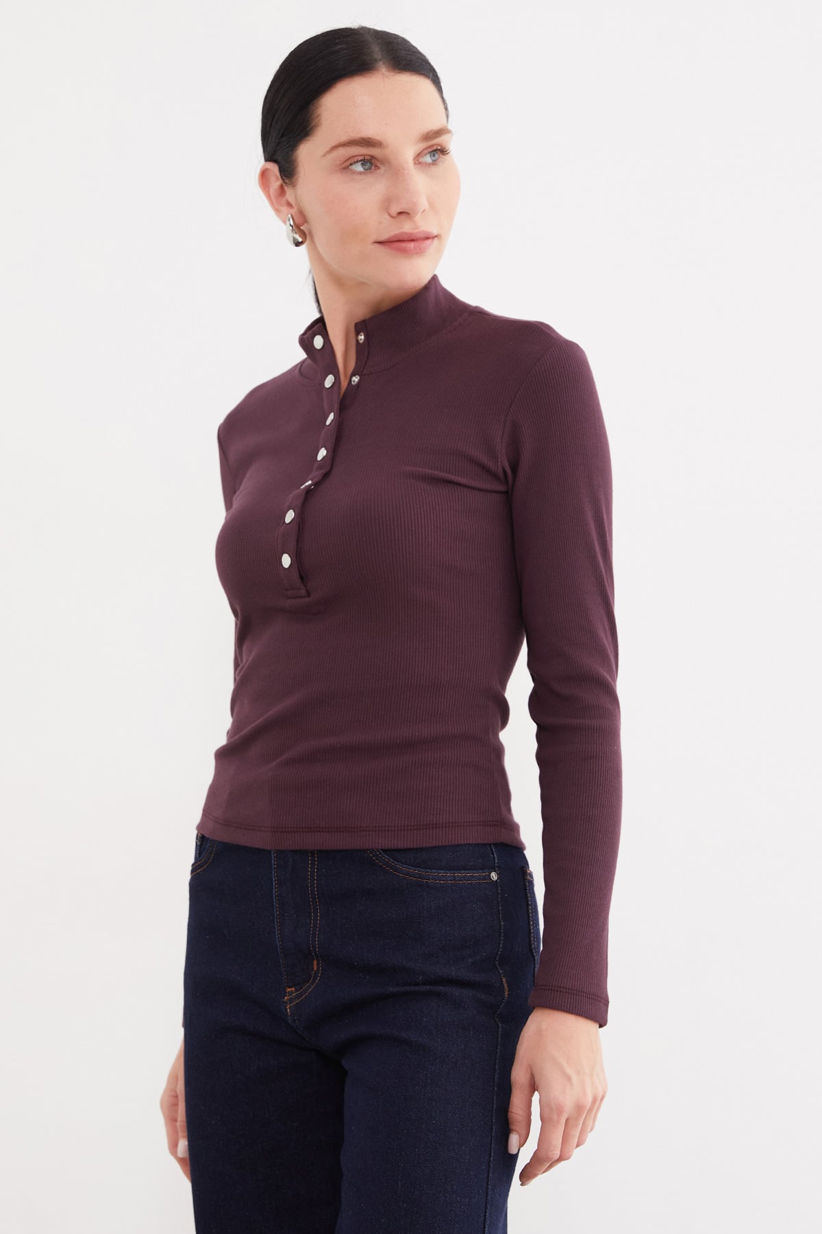 Kadın Fitilli Yarım Çıtçıtlı Dik Yaka Slim Fit Bluz 7