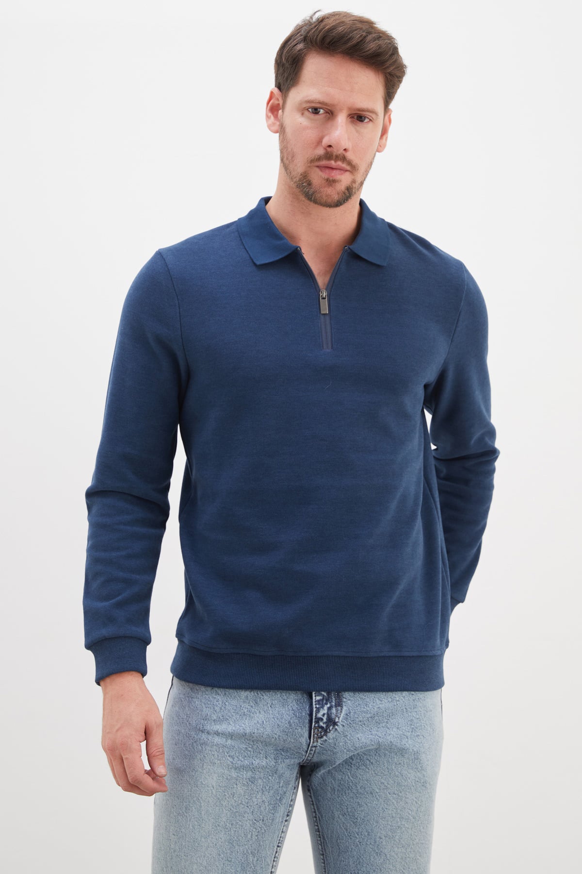 Fitilli Polo Yaka Yarım Fermuarlı Selanik Örme Sweatshirt 3