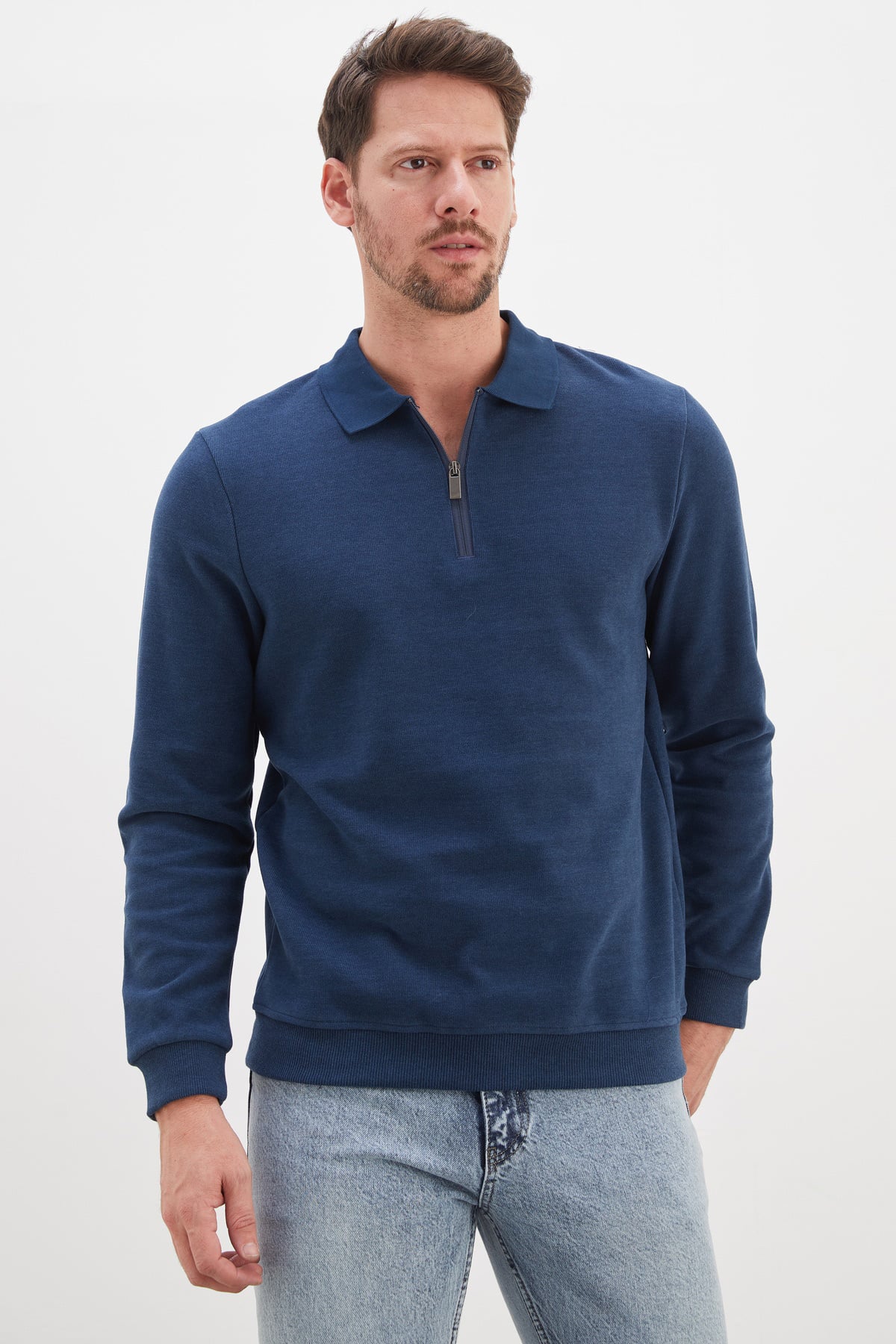 Fitilli Polo Yaka Yarım Fermuarlı Selanik Örme Sweatshirt