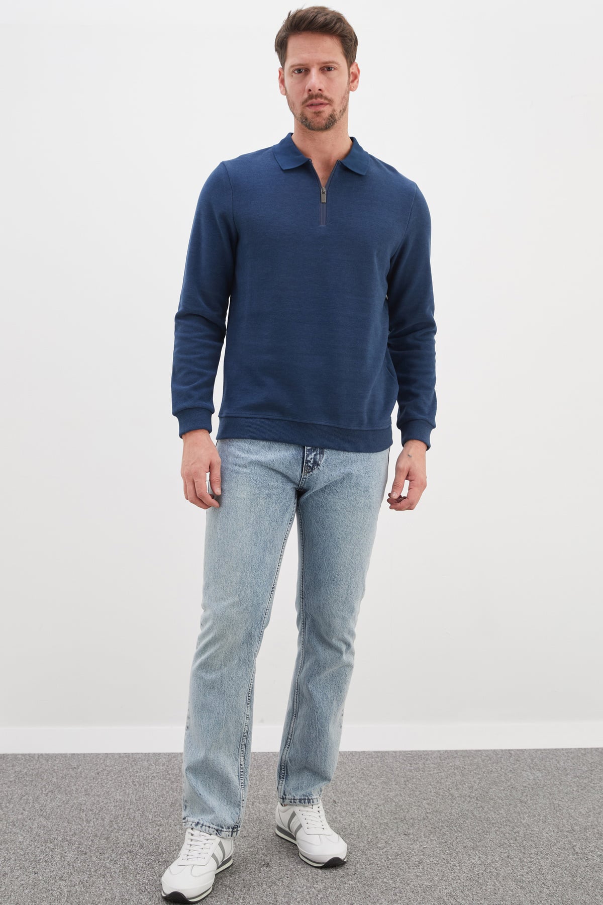 Fitilli Polo Yaka Yarım Fermuarlı Selanik Örme Sweatshirt 2