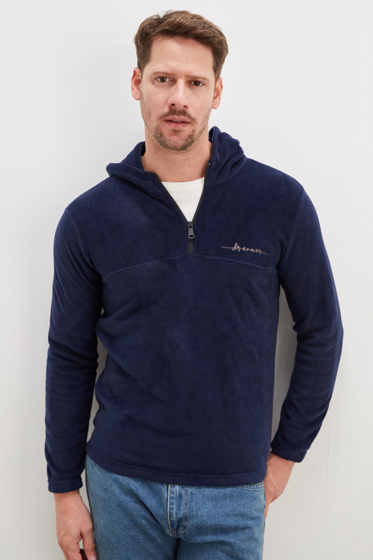 Yarım Fermuarlı Kapüşonlu Polar Sweatshirt