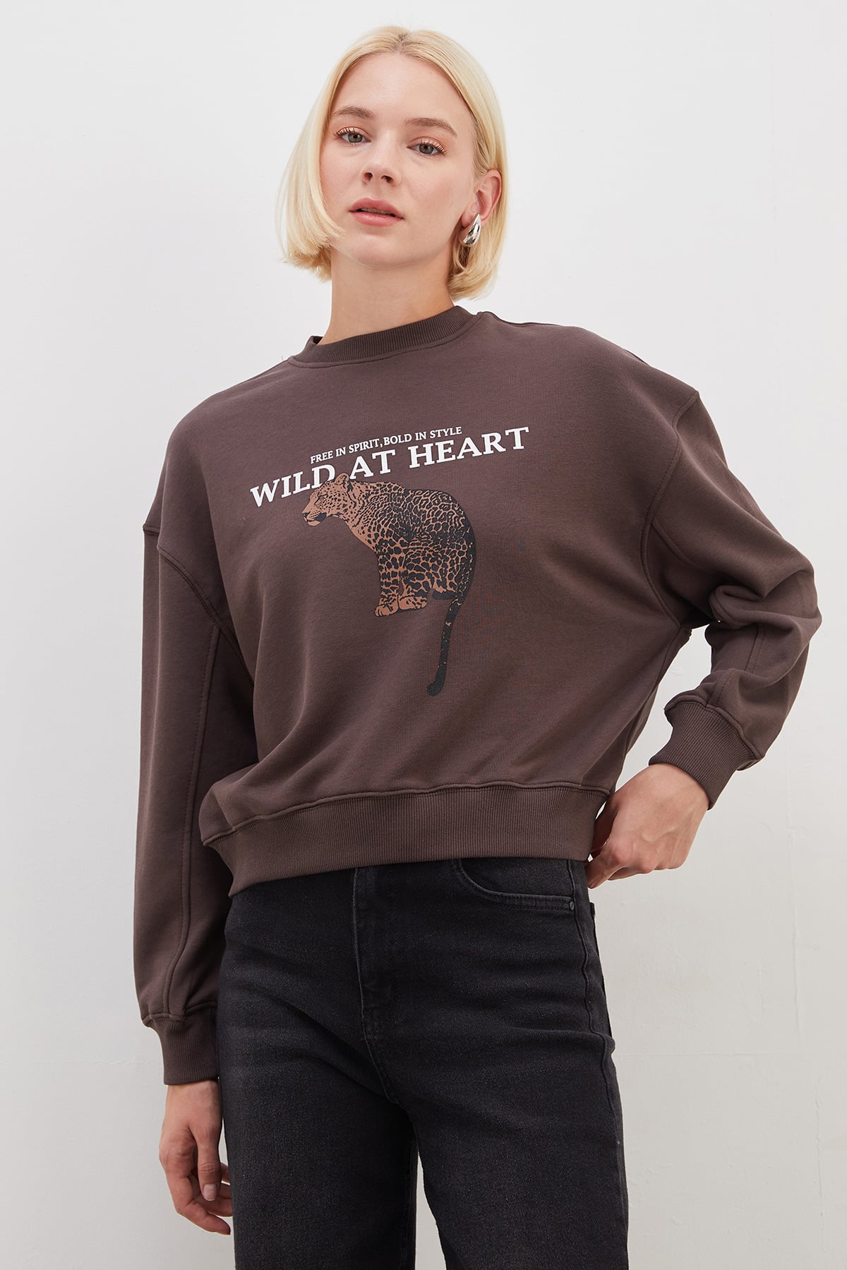 3 İplik Şardonsuz Kaplan Baskılı  Oversize Sweatshirt 7
