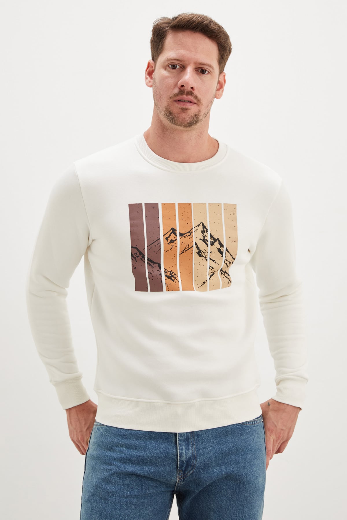 3 İplik Dağ Baskılı Bisiklet Yaka Sweatshirt 3