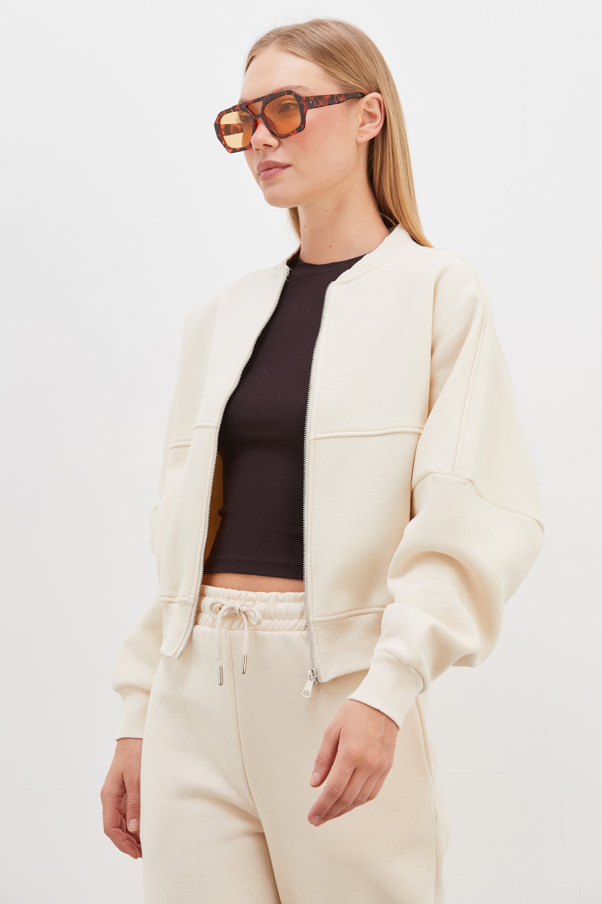 3 İplik Basic Fermuarlı Dik Yaka Crop Sweatshirt 5