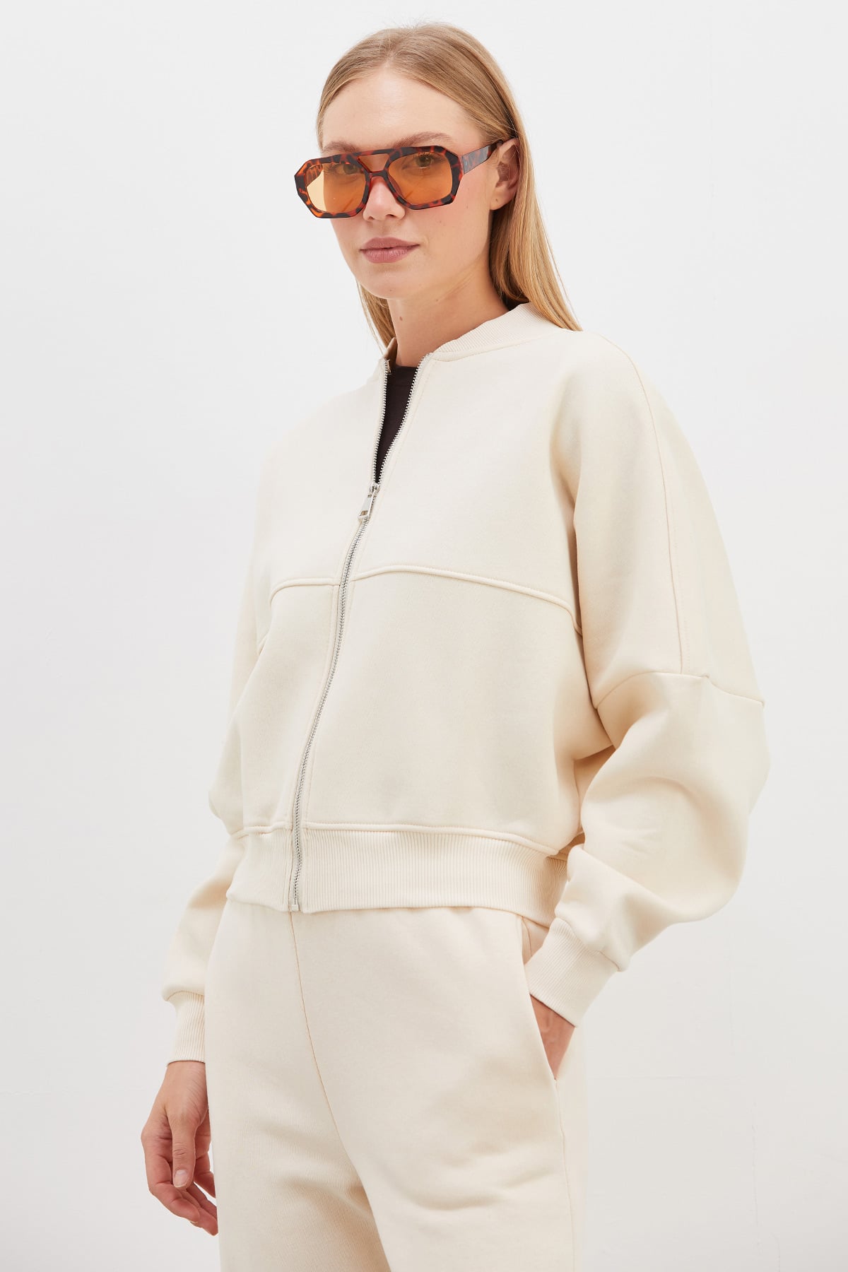 3 İplik Basic Fermuarlı Dik Yaka Crop Sweatshirt 7