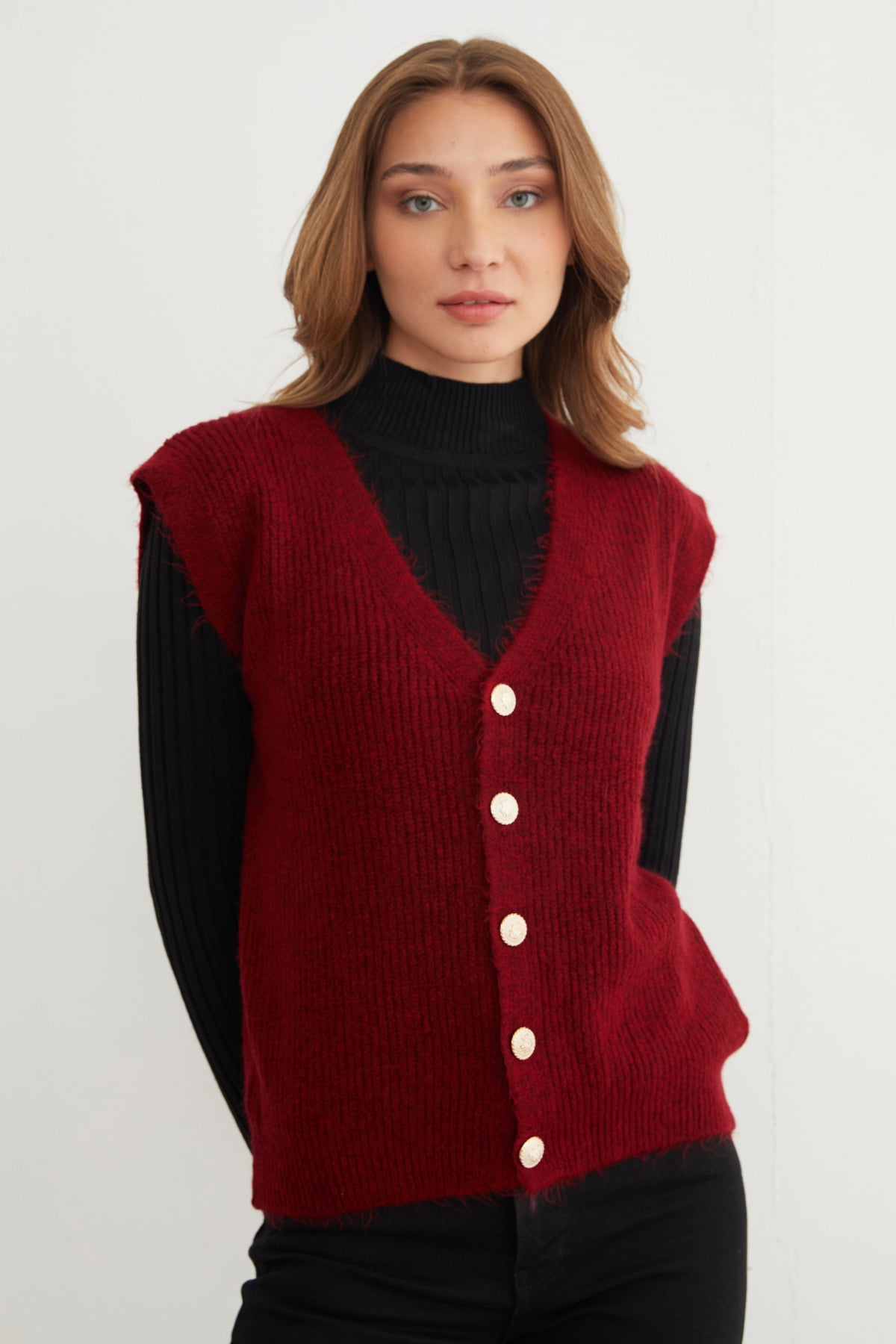Sakallı Düğmeli V Yaka Oversize Yelek 11