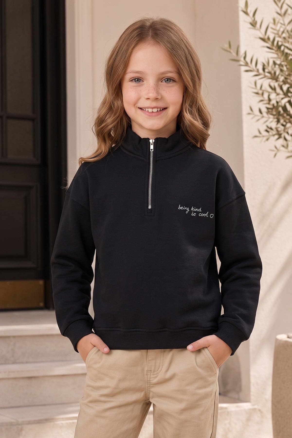 Çocuk Kız 3 İplik Yarım Fermuarlı Dik Yaka Sweatshirt
