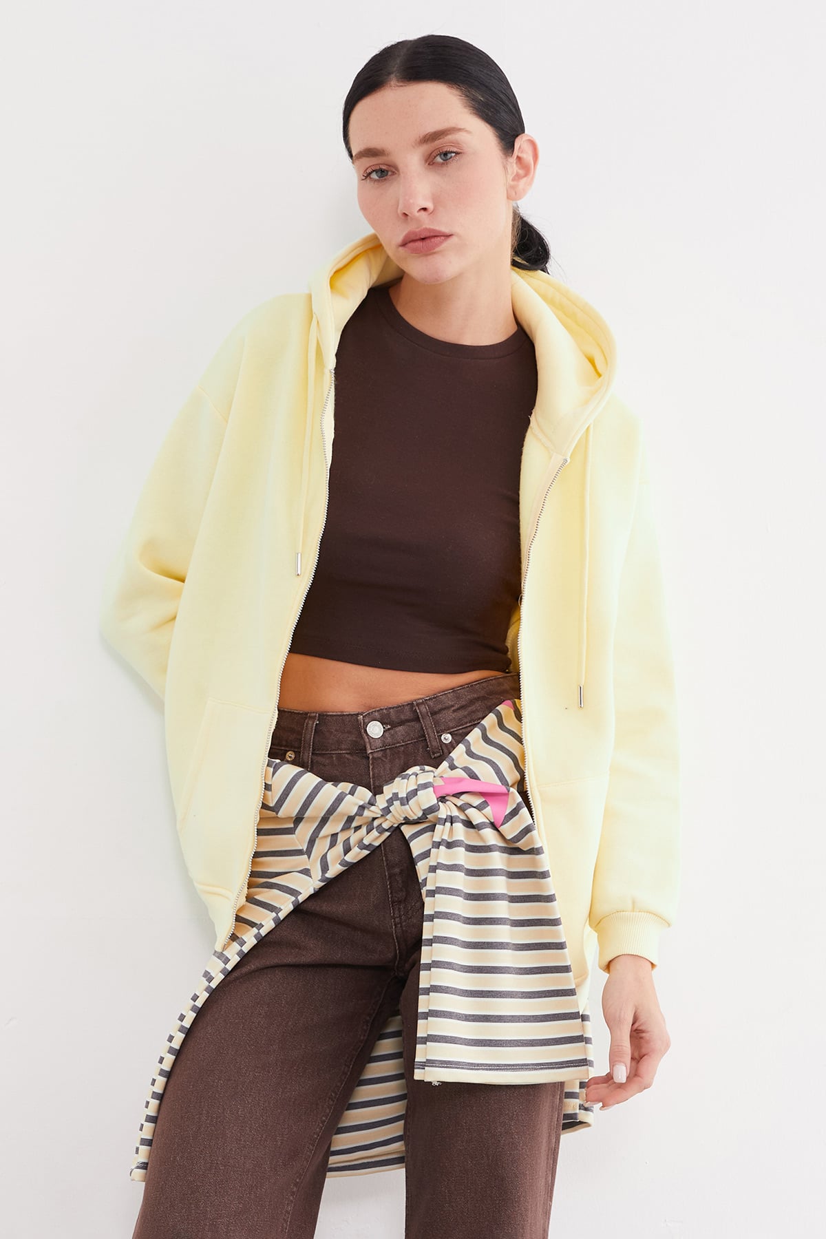 Basic Fermuarlı Kapüşonlu Oversize Sweatshirt
