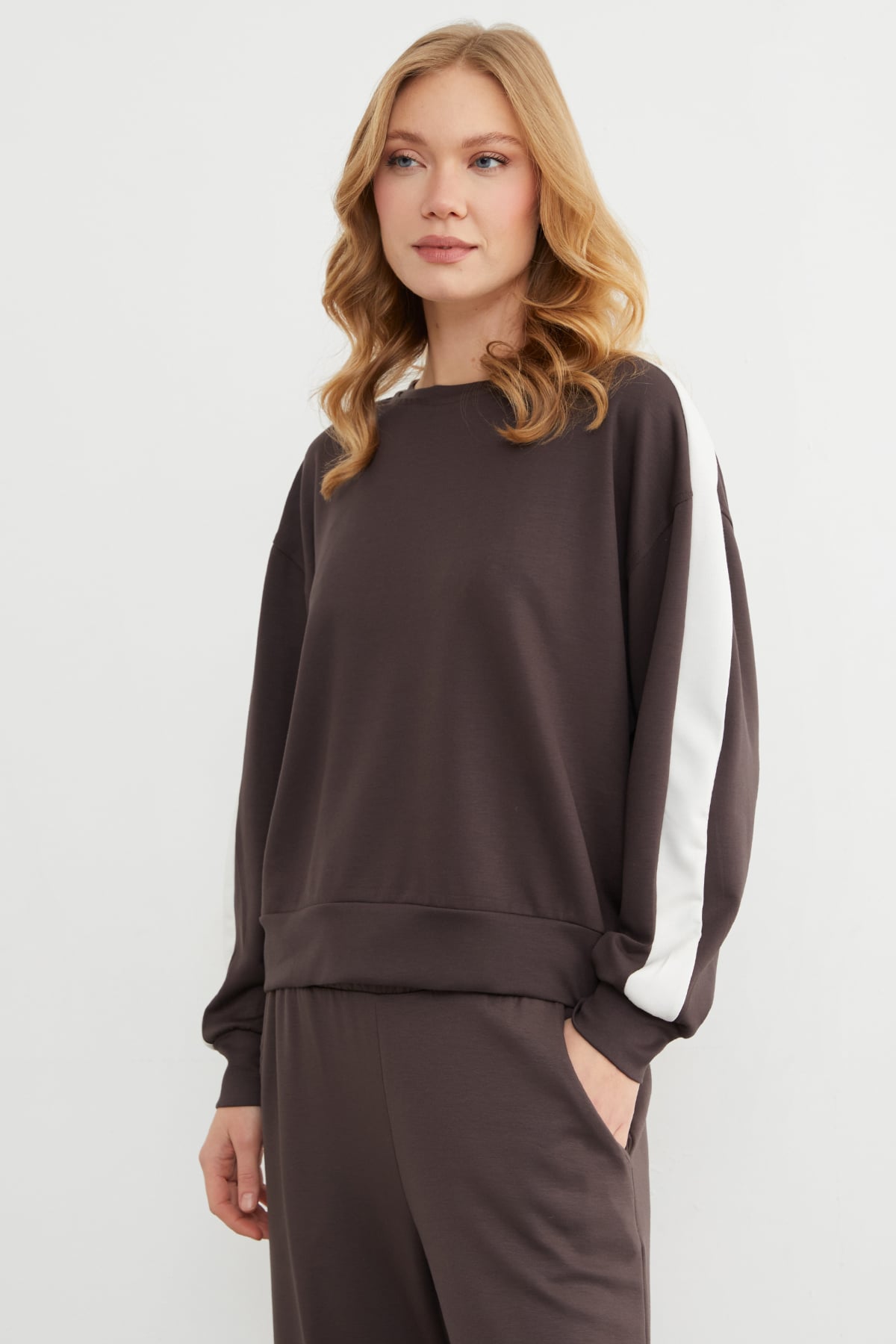 Kolu Şeritli Bisiklet Yaka Modal Sweatshirt 6