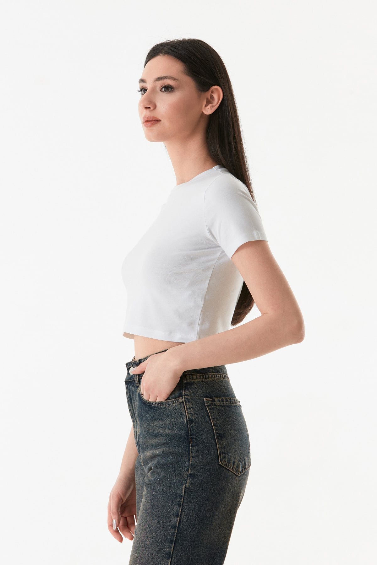 Basic Bisiklet Yaka Crop Tişört 8