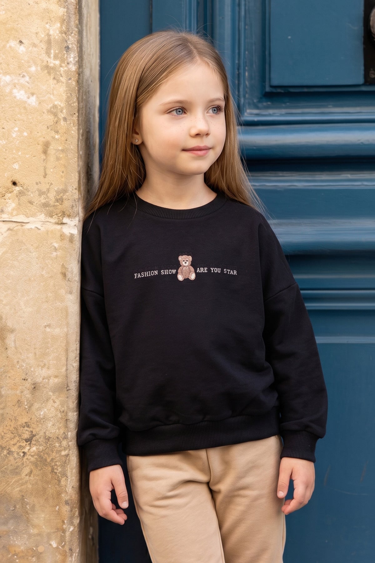 Ayıcık Baskılı Oversize Kız Çocuk Sweatshirt