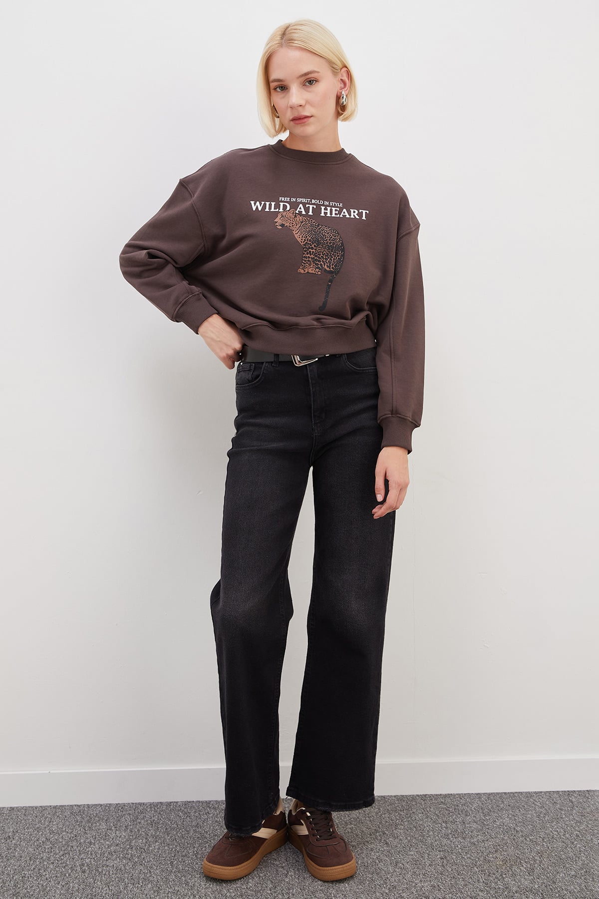 3 İplik Şardonsuz Kaplan Baskılı  Oversize Sweatshirt 4