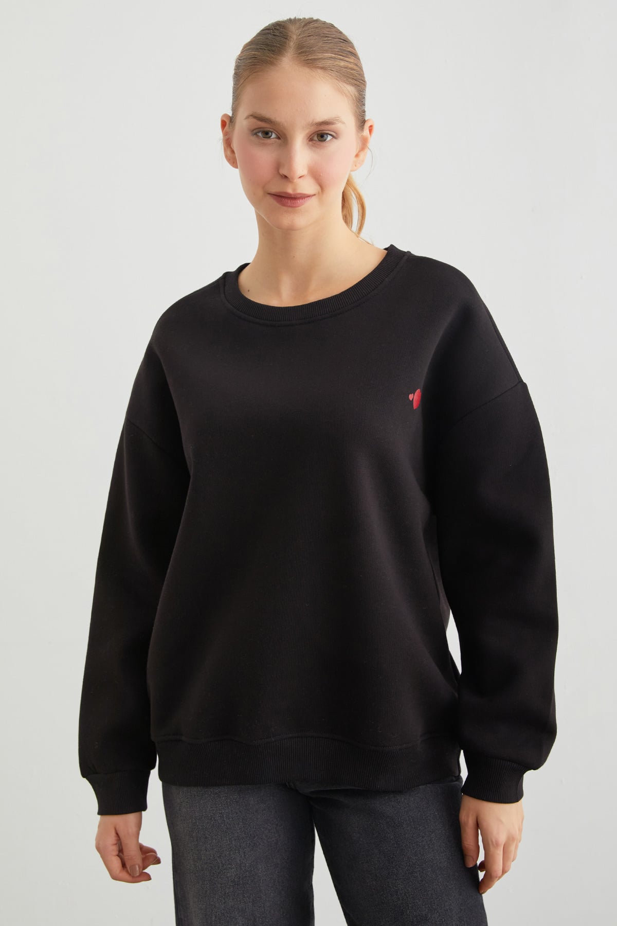 3 İplik Kalp Baskılı Bisiklet Yaka Sweatshirt