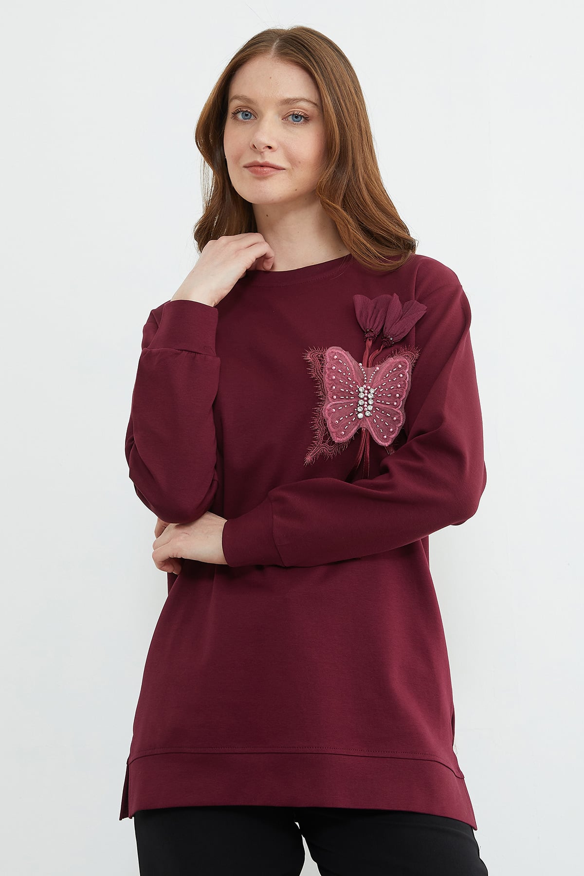 Fullamodest Kelebek Nakışlı Taşlı Bisiklet Yaka Tunik 5