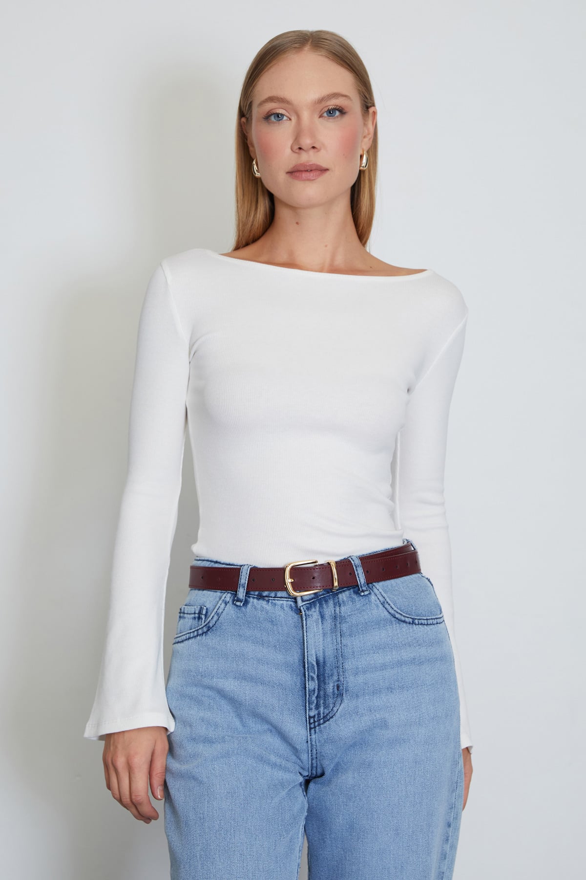 Fitilli Kayık Yaka Flare Kol Slim Fit Bluz 4
