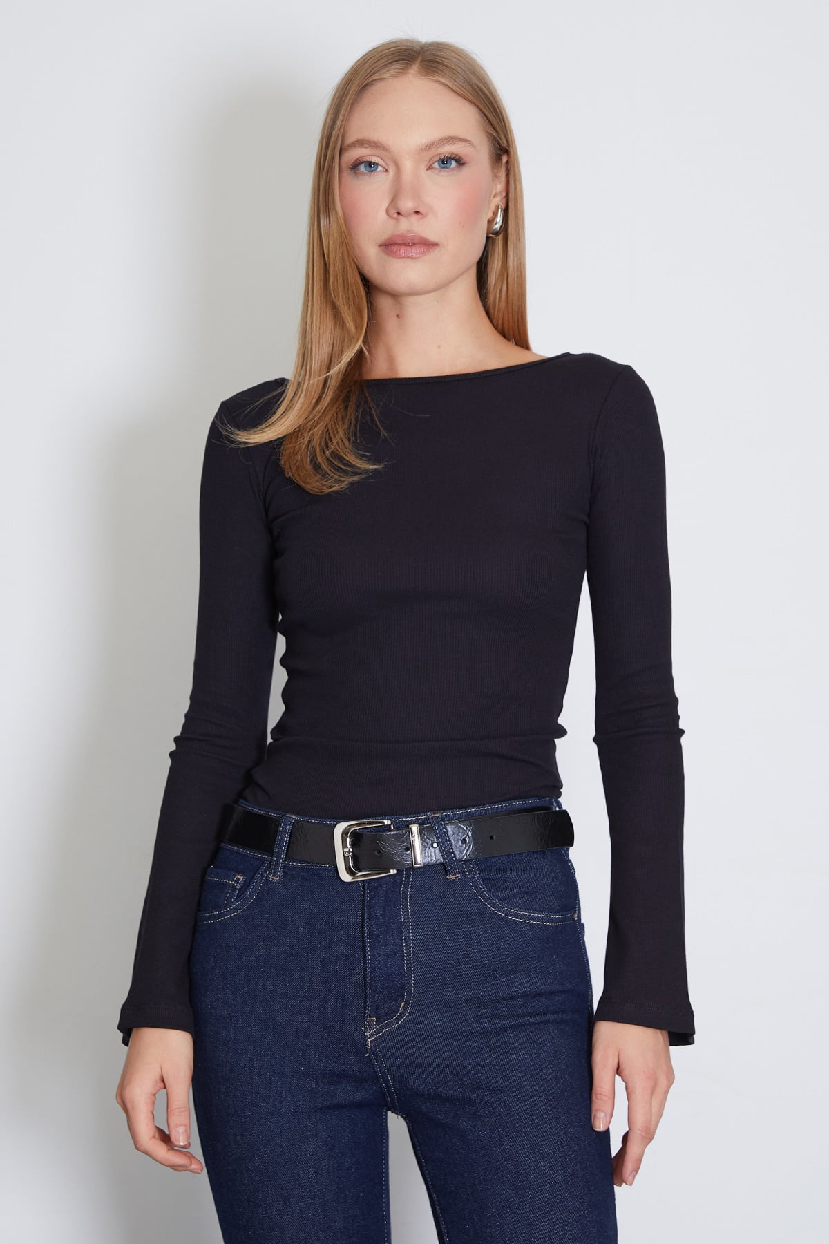 Kadın Fitilli Kayık Yaka Flare Kol Slim Fit Bluz 2