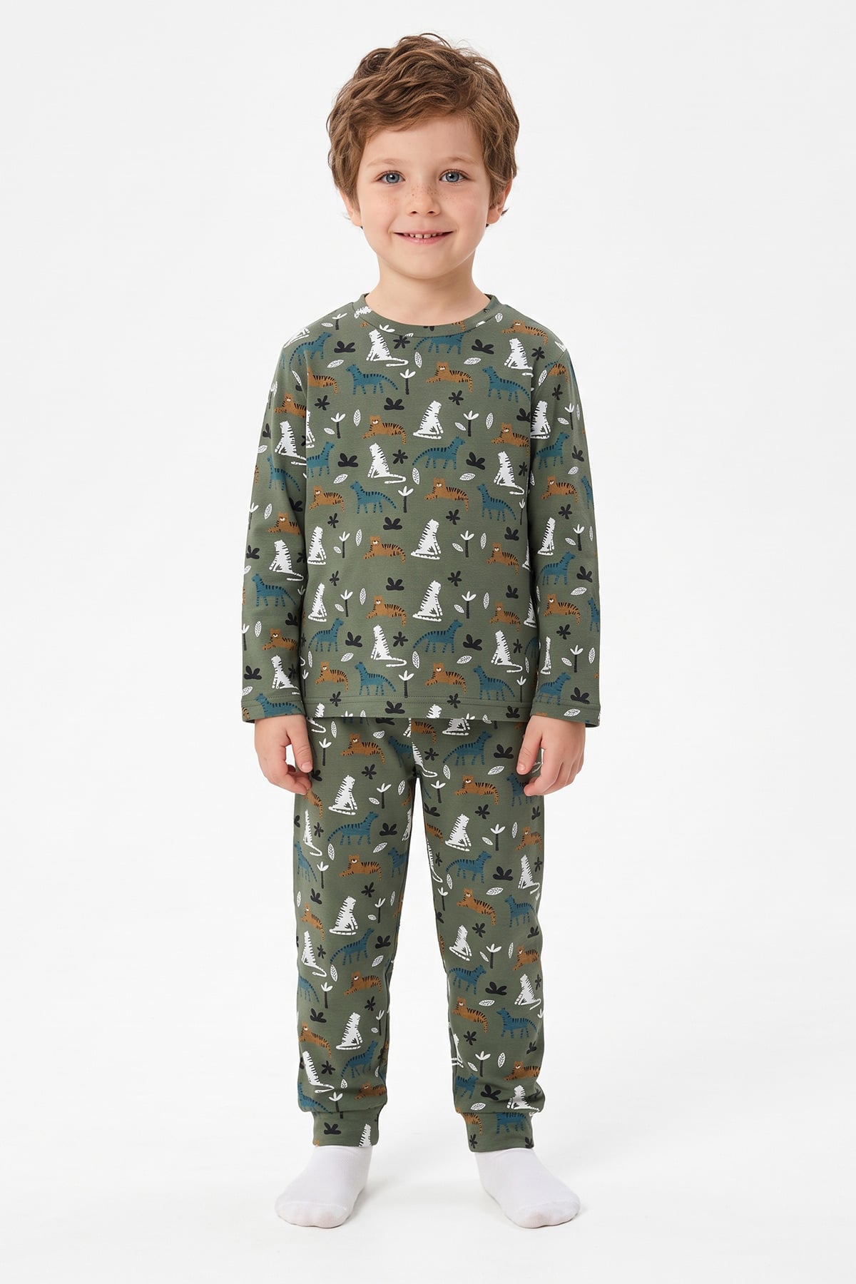 Kedi Desenli Bisiklet Yaka Unisex Çocuk Pijama Takımı 2