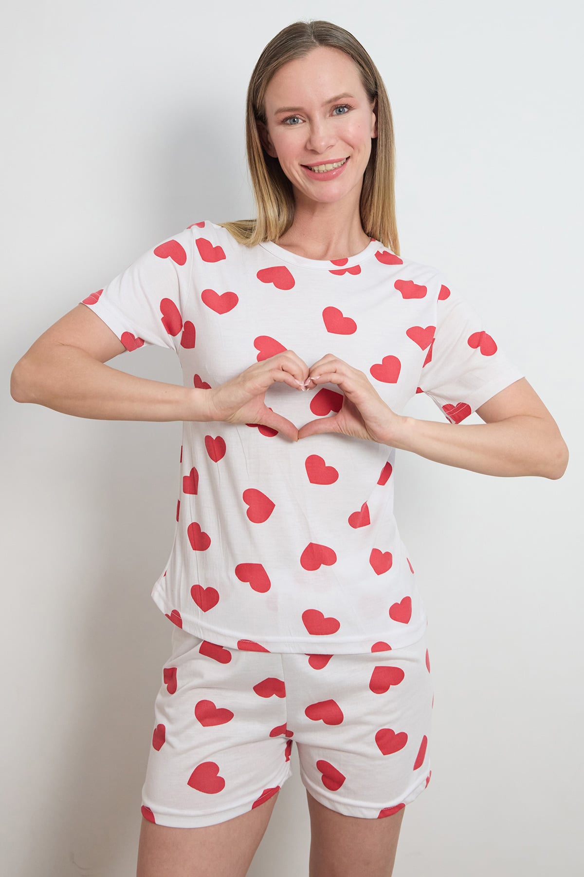 Kalp Baskılı Bisiklet Yaka Şortlu Pijama Takımı 4