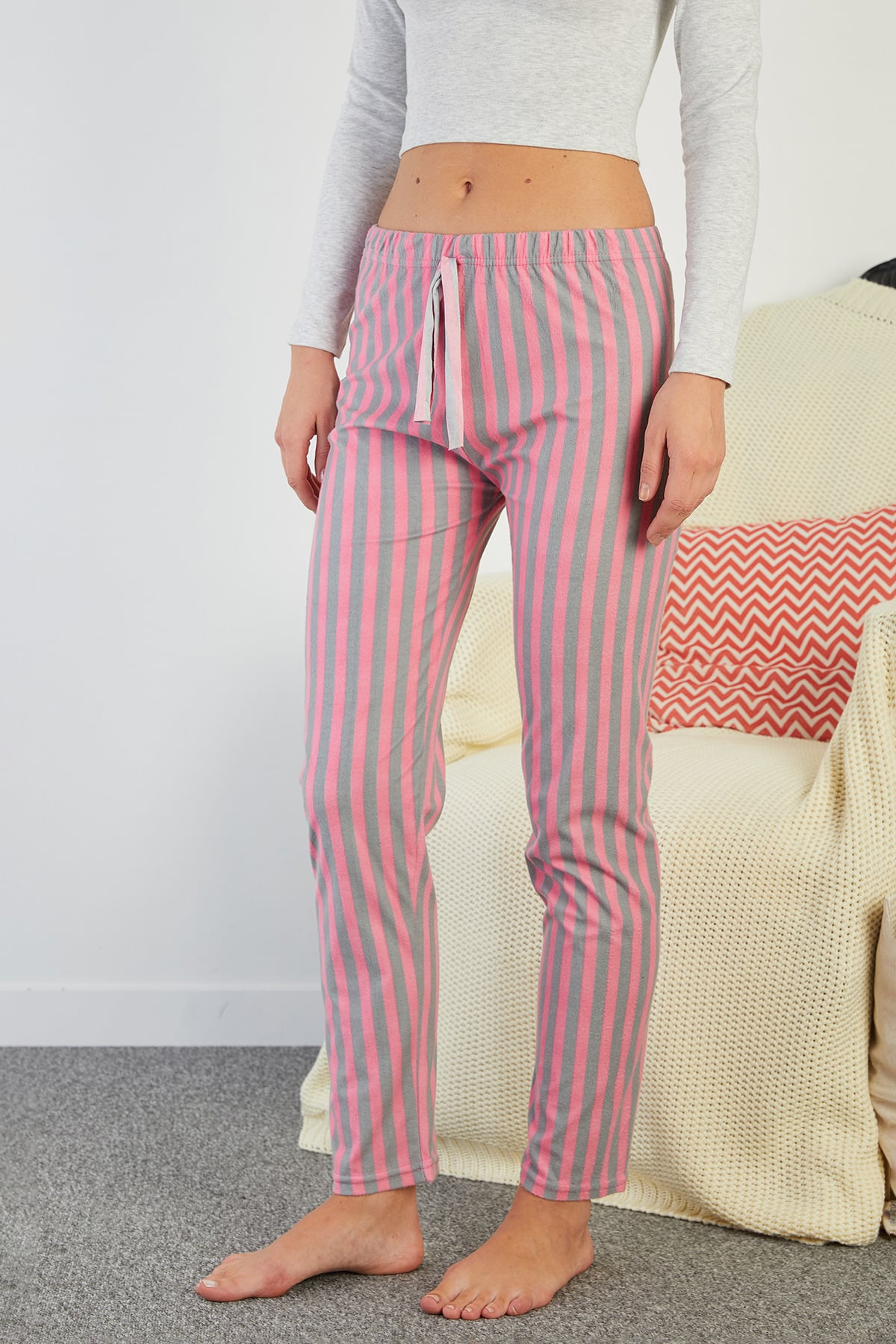 Çizgili Beli Lastikli Süet Pijama Altı 5