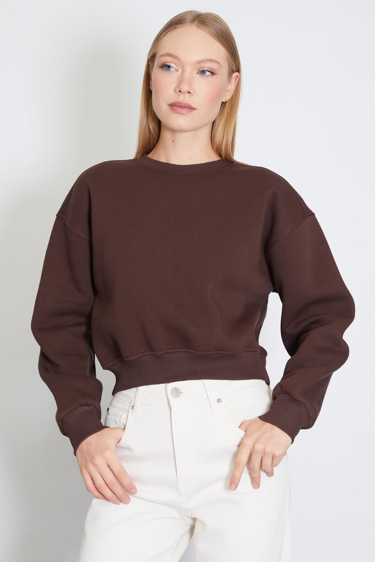3 İplik Basic Ribanalı Crop Sweatshirt 4