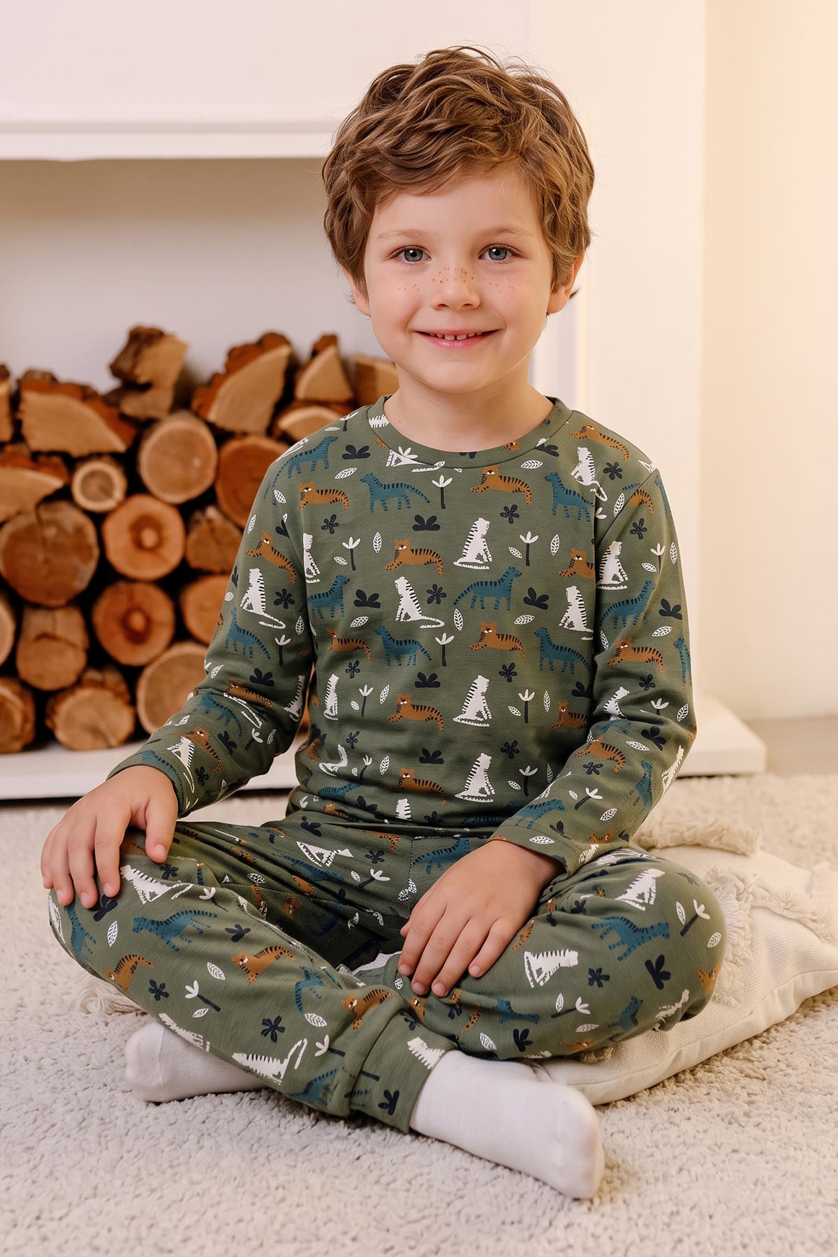 Kedi Desenli Bisiklet Yaka Unisex Çocuk Pijama Takımı