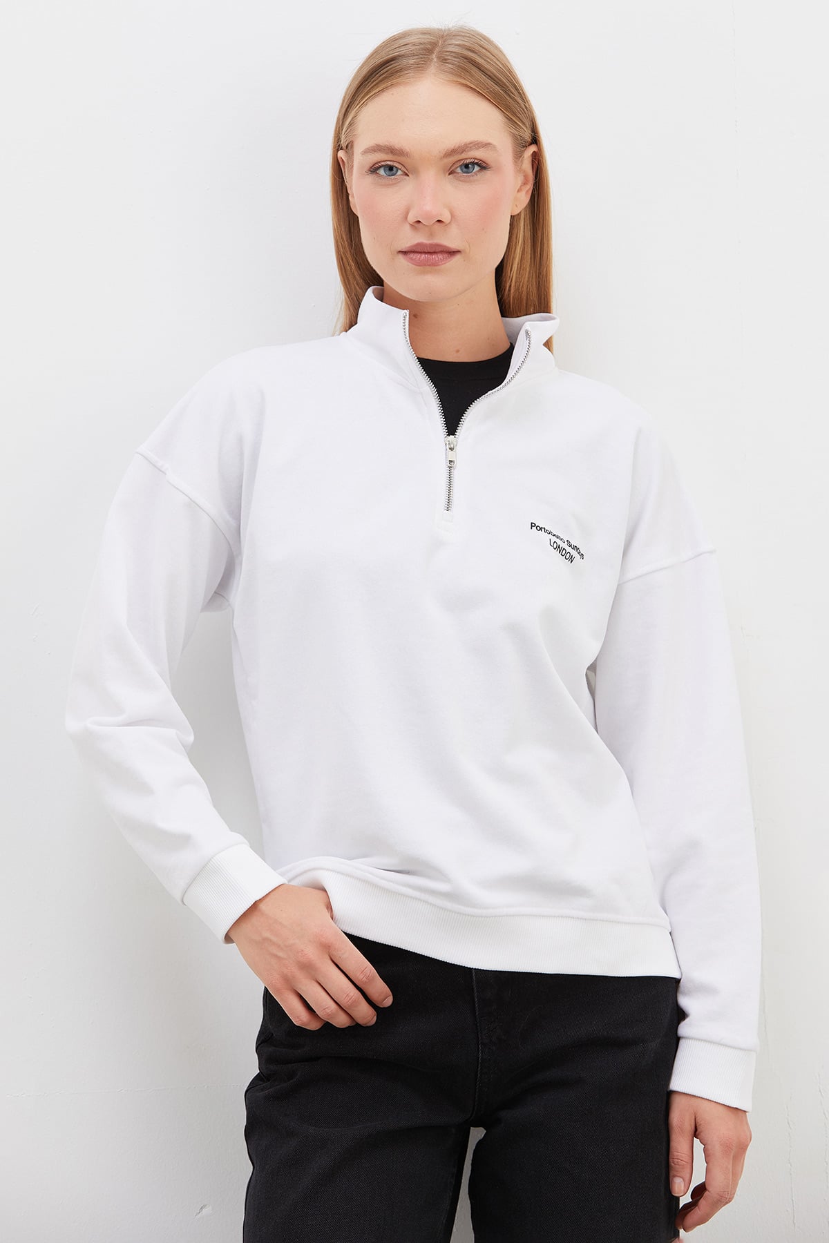 3 İplik Şardonsuz London Baskılı Yarım Fermuarlı Sweatshirt