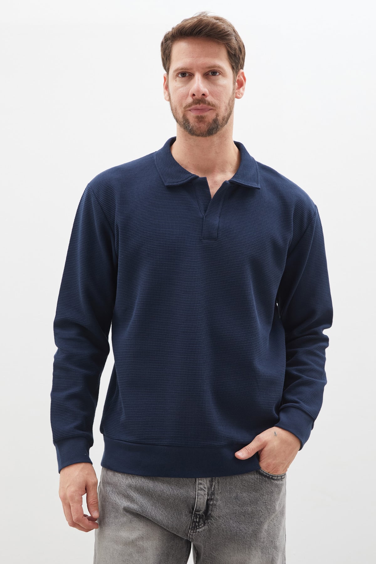 Erkek Antrasit Petek Kumaş Apaş Yaka Regular Sweatshirt 4