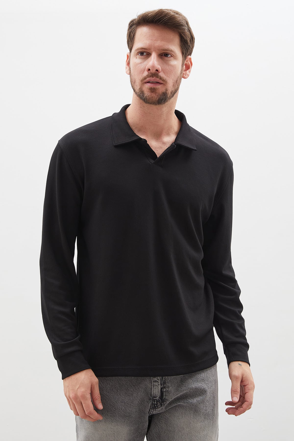 Erkek Basic Apaş Yaka Modal Sweatshirt Rahat Kalıp Günlük 2