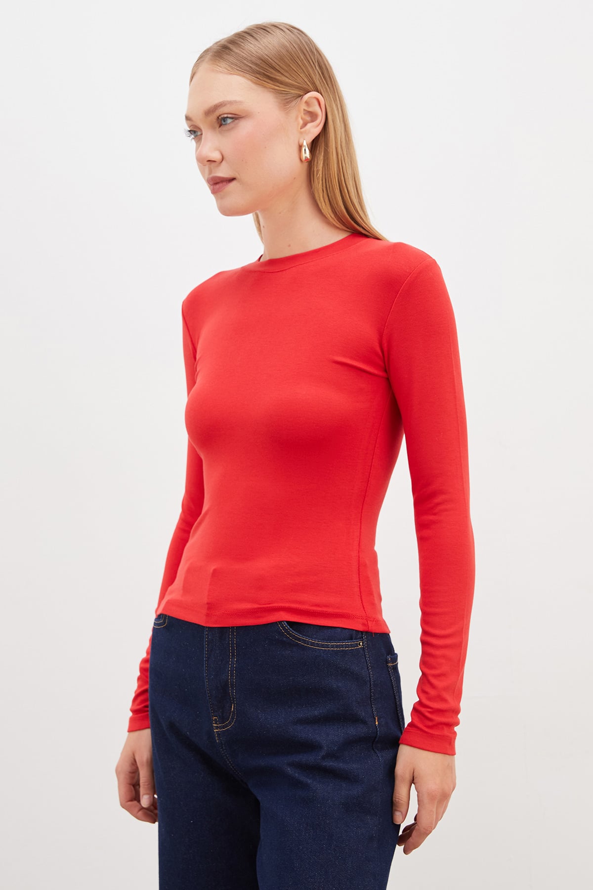 Basic Bisiklet Yaka Slim Fit Crop Bluz 6