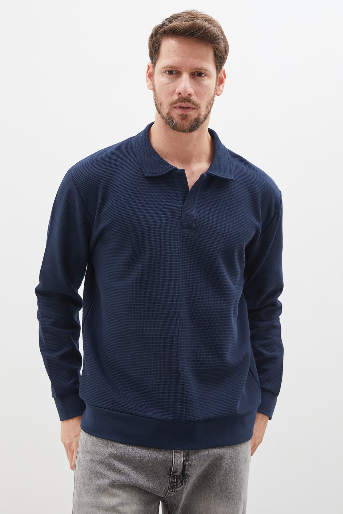Erkek Antrasit Petek Kumaş Apaş Yaka Regular Sweatshirt 2