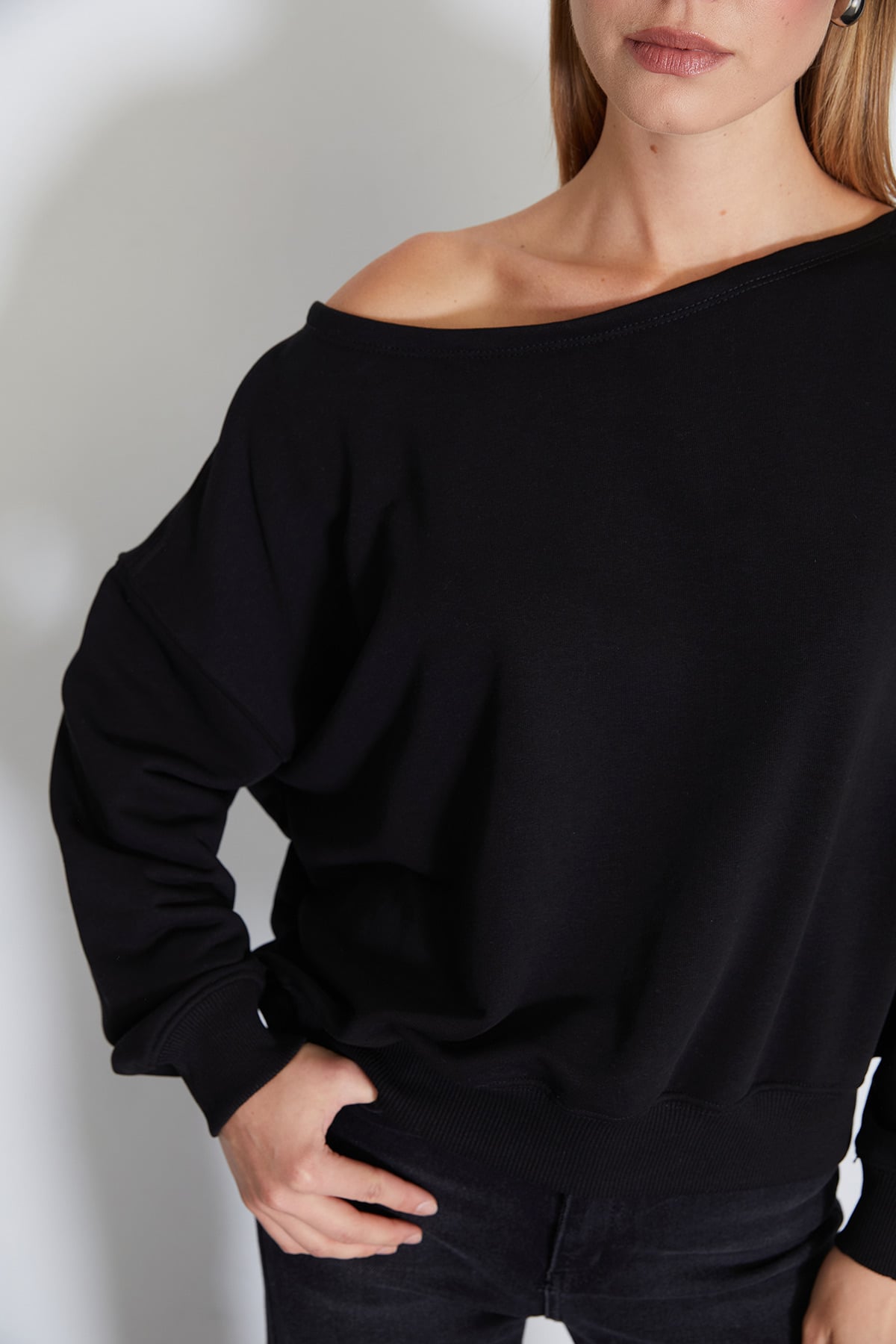 3 İplik Şardonsuz Kayık Yaka Oversize Sweatshirt 5