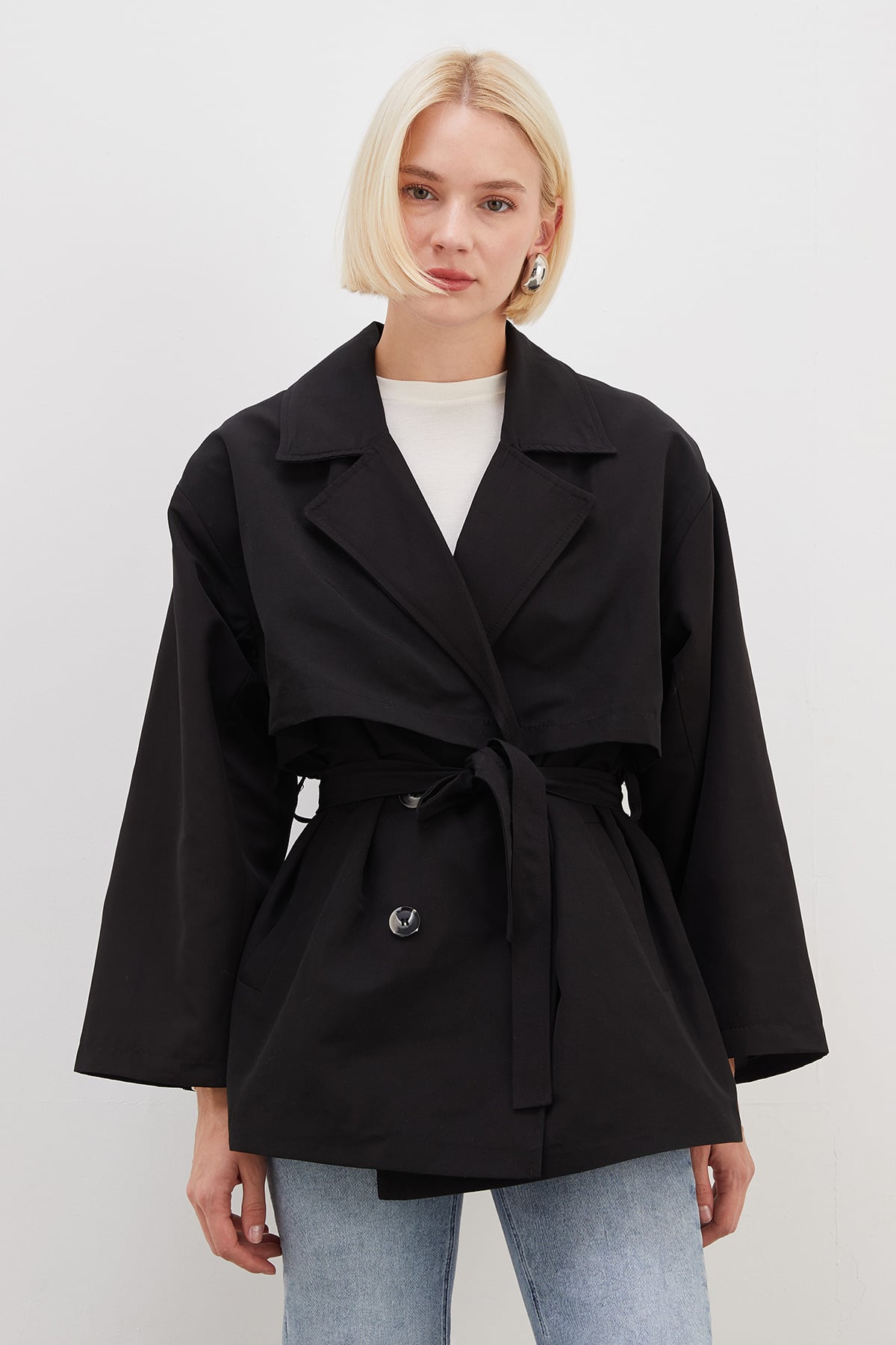 Pelerinli Kuşaklı Geniş Kol Oversize Trençkot 5